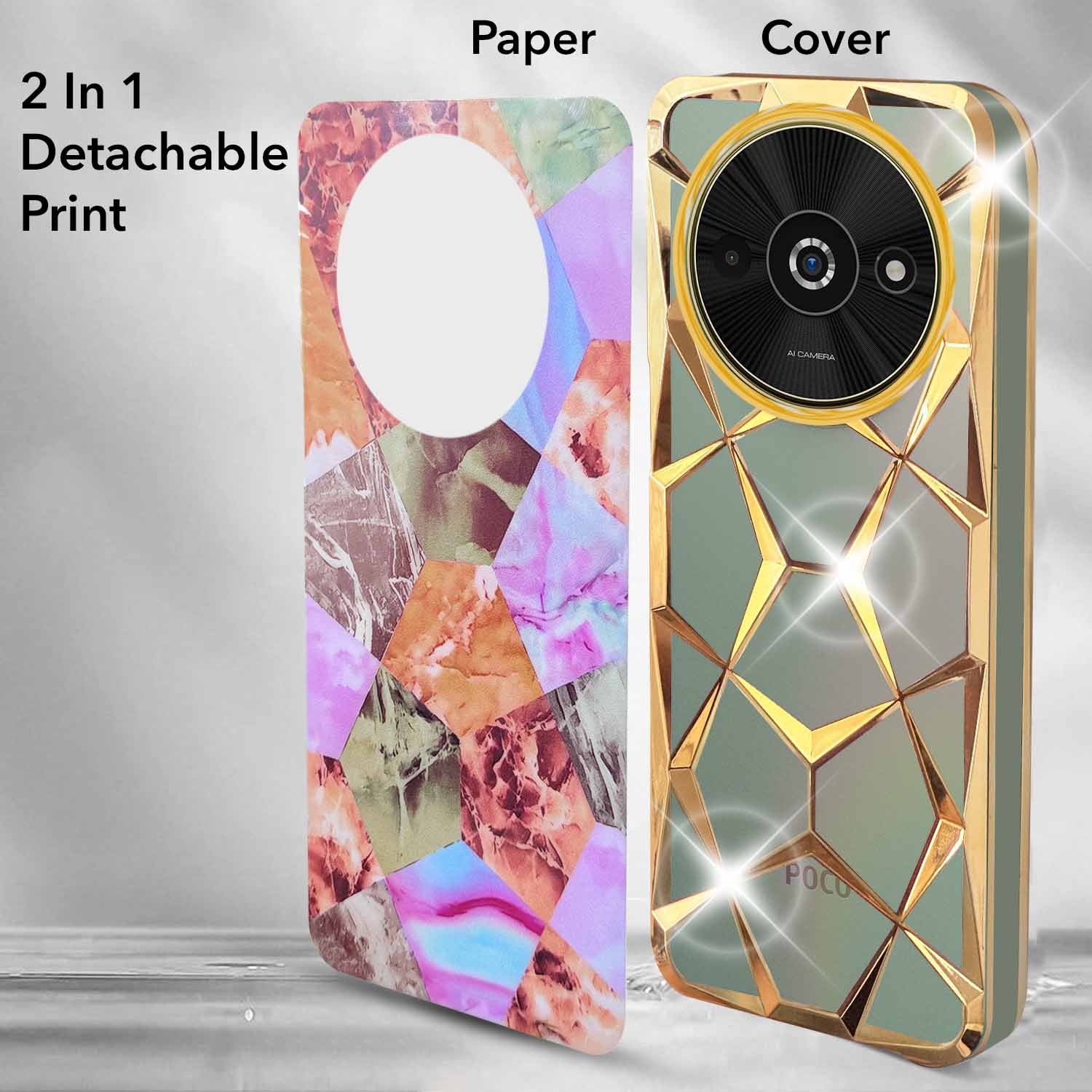 For Xiaomi Poco C61 Back Cover Case ( Dual Design Glitter Sparkle and Detachable Diamond Print Case | Soft and Flexible)