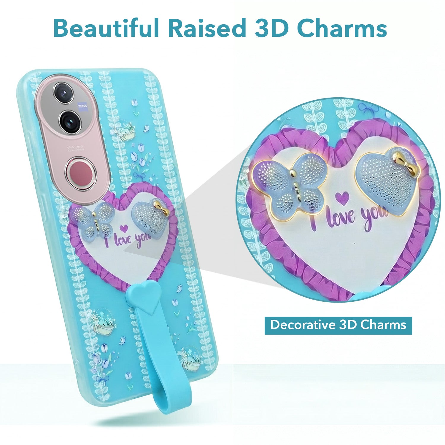 For Vivo V50 | Vivo V50e Back Cover Case (3D Cute Heart Strap Holder | Camera Protection | Designer Girls Print)