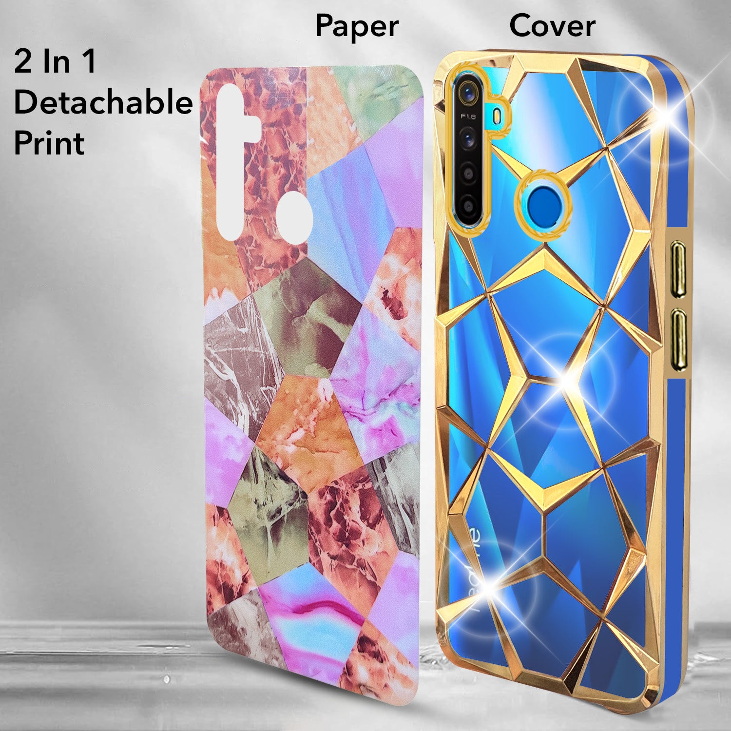 For Realme 5 | 5s | 5i Back Cover Case (Dual Design Glitter Sparkle and Detachable Diamond Print Case | Soft and Flexible)