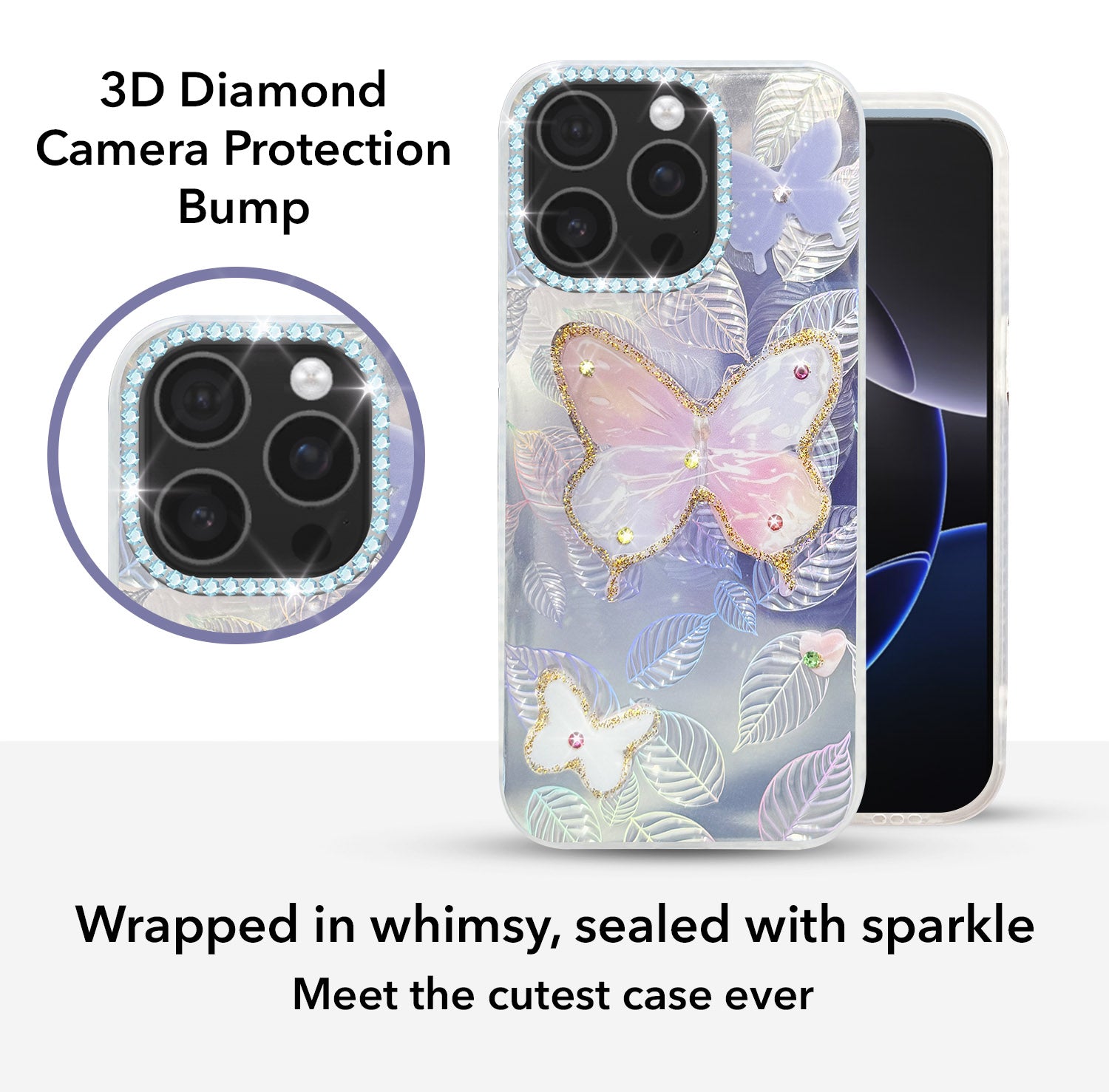 For iPhone 16 Pro Max Back Cover Case (Luxury Floral Glitter Cute Butterfly | Diamond Studded Camera Bump | Girls & Women Design)