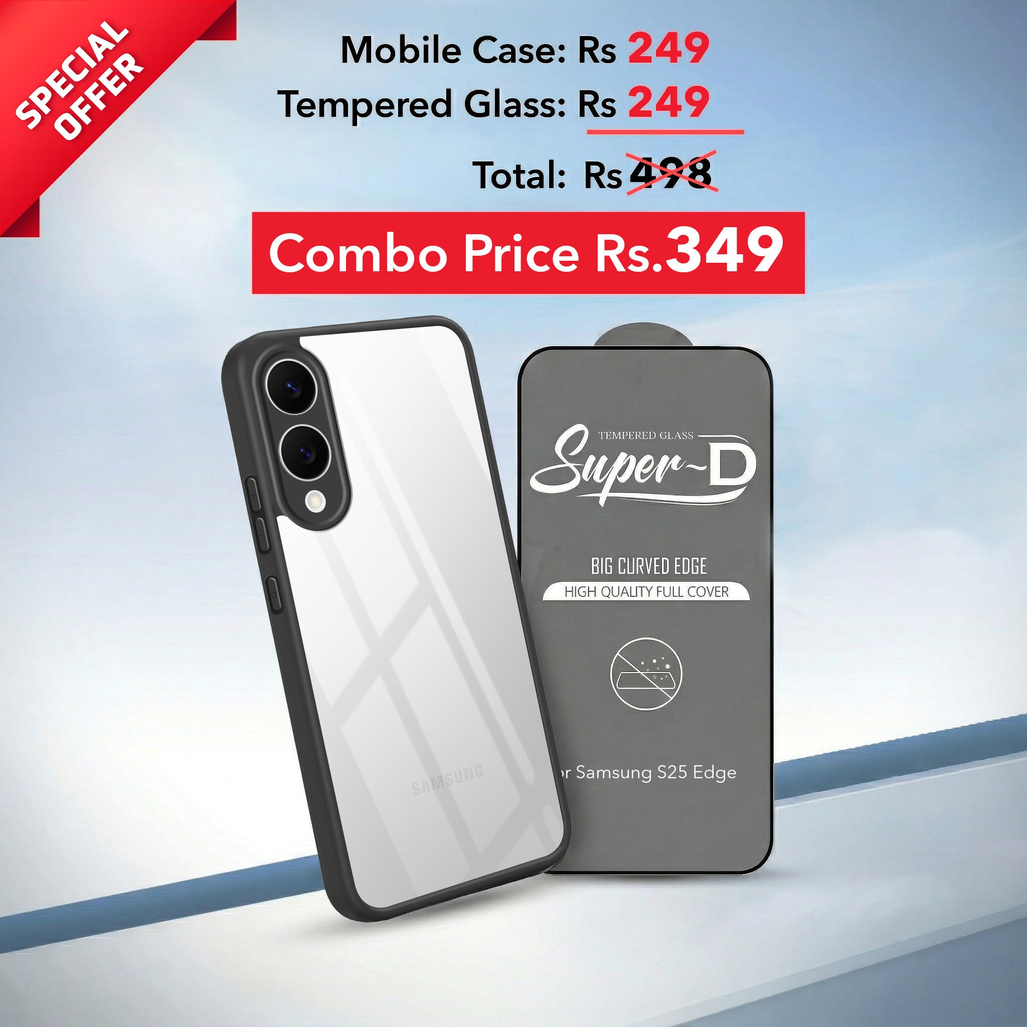 For Samsung Galaxy S25 Edge Combo with Back Cover and 9H Tempered Glass (Lifetime Anti-Yellow | Crystal Clear Shockproof | Oleophobic Coating Screen Glass)