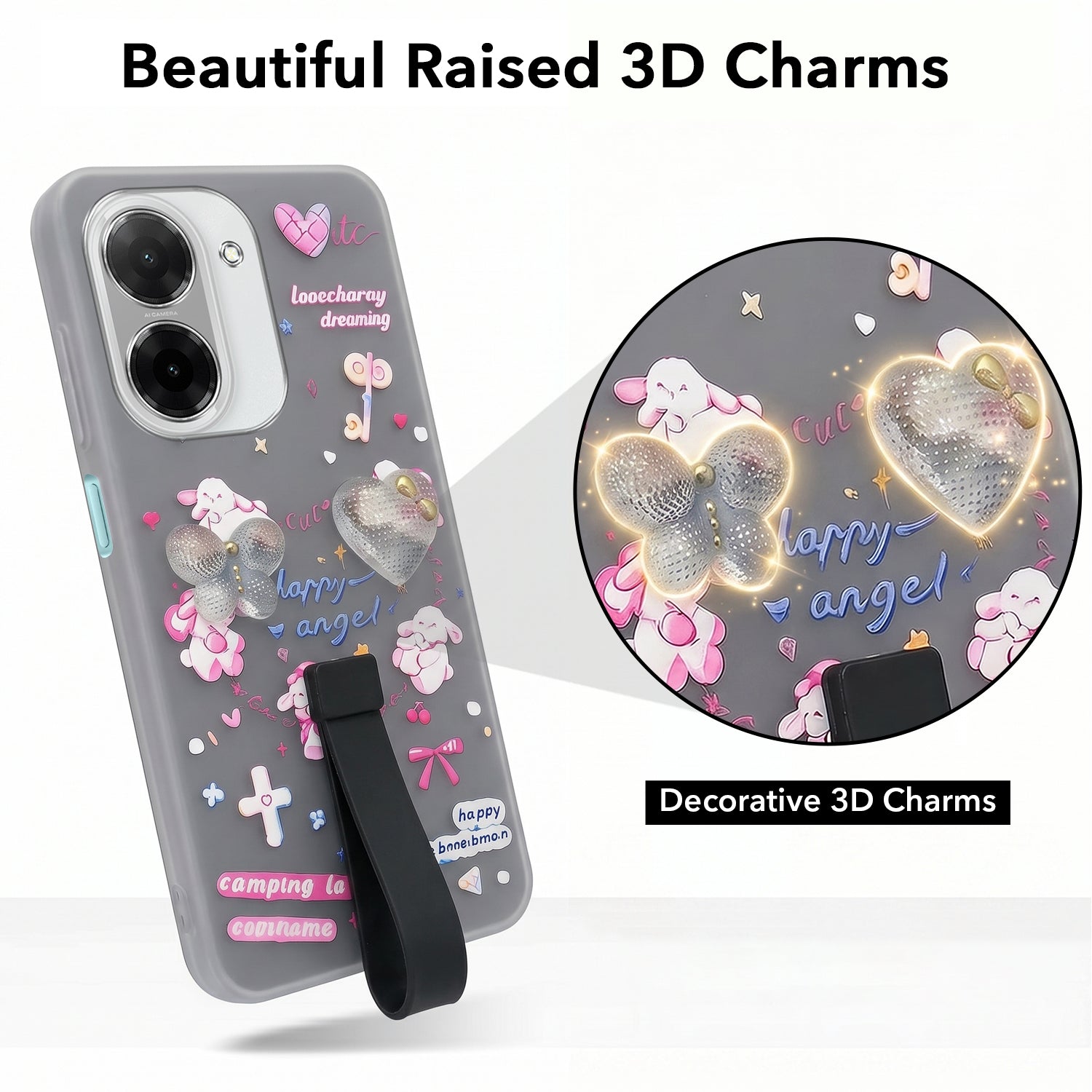 For Poco C71 Back Cover Case (3D Cute Heart Strap Holder | Camera Protection | Designer Girls Print)