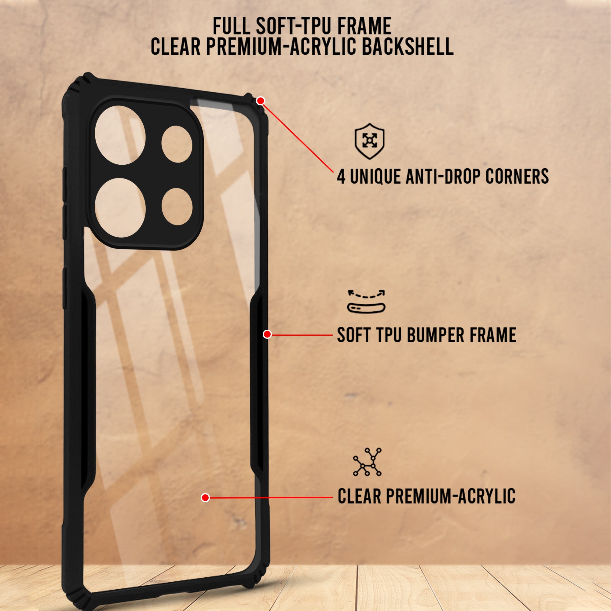 For Tecno Pop 7 Pro Back Cover Case ( Shockproof with Polycarbonate Clear Panel | Professional Black)