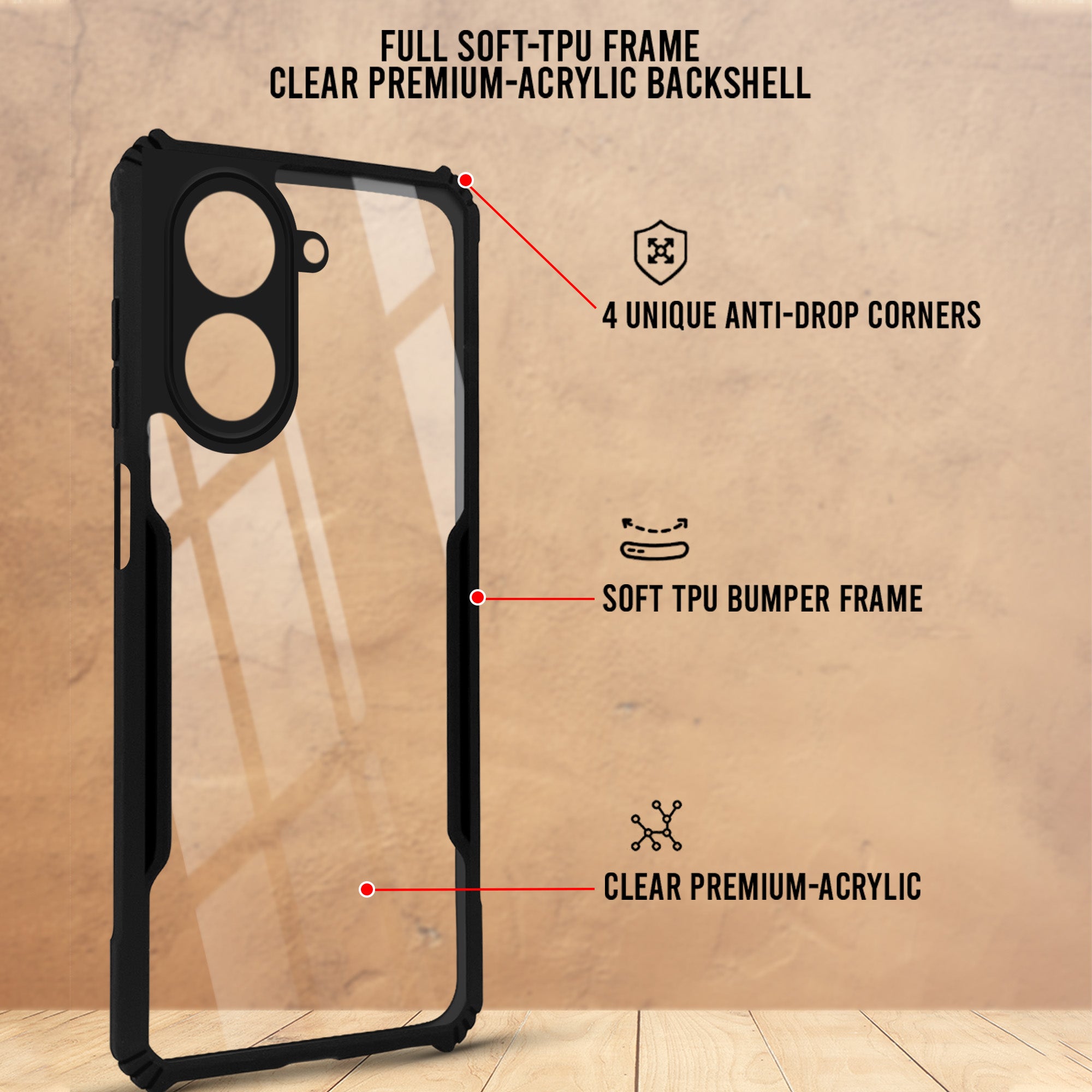 For Redmi A7 5G Back Cover Case Hybrid (Shockproof with Polycarbonate Clear Panel | Professional Black)