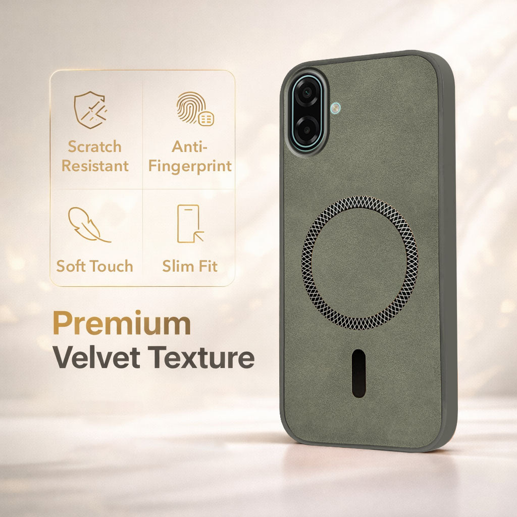 For Samsung Galaxy M17e Back Cover Case Leather Finish (MagSafe Compatible Wireless Charging | Soft Touch | Camera Bump Protection)