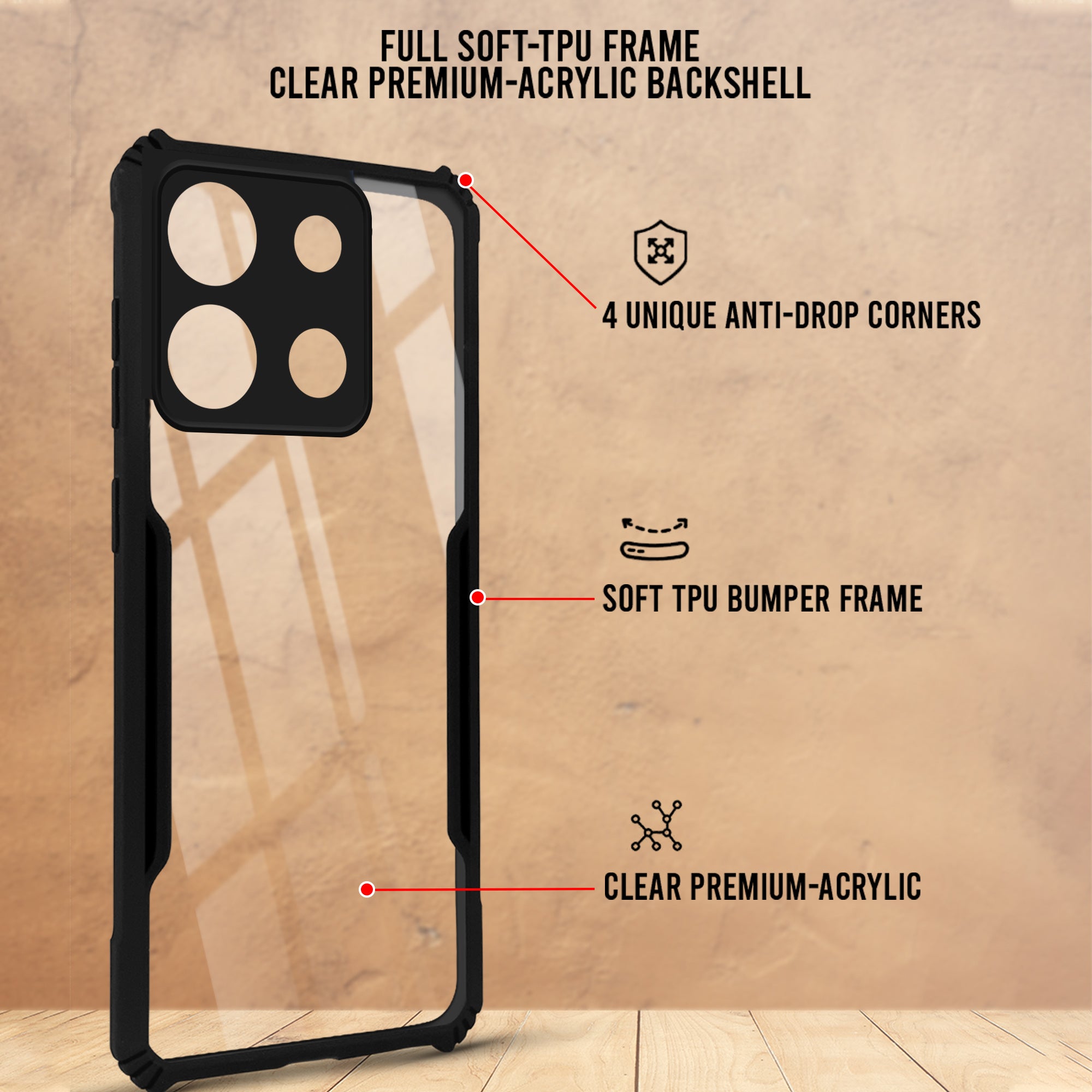 For Infinix Smart 7 Back Cover Case ( Shockproof with Polycarbonate Clear Panel | Professional Black)