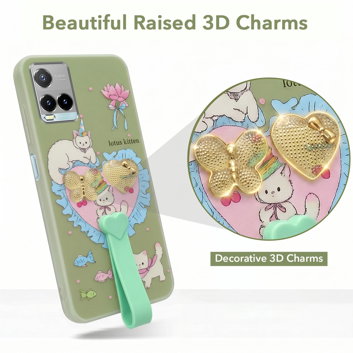 For Vivo Y33s Back Cover Case (3D Cute Heart Strap Holder | Camera Protection | Designer Girls Print)
