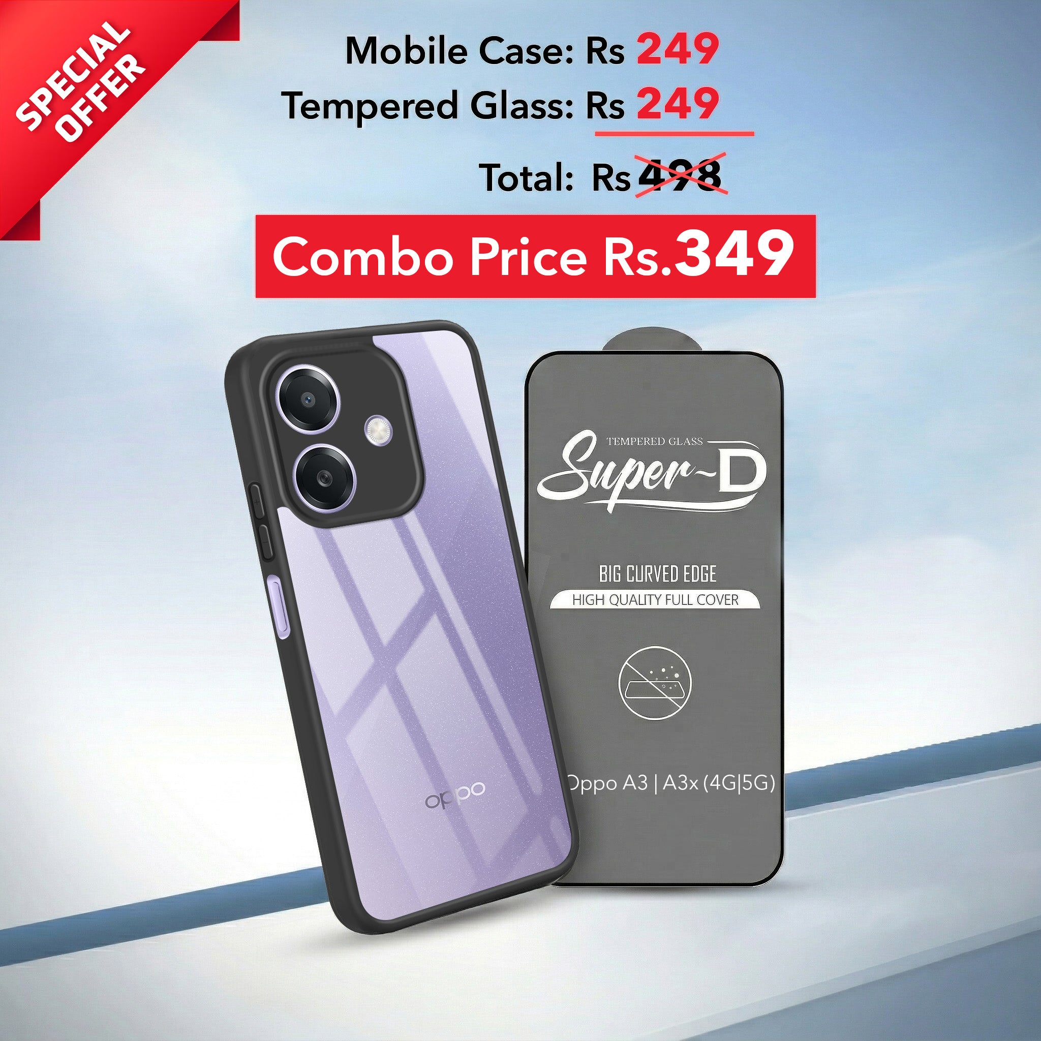 For Oppo A3X (4G/5G) | Oppo A3 5G Combo with Back Cover and 9H Tempered Glass (Lifetime Anti-Yellow | Crystal Clear Shockproof | Oleophobic Coating Screen Glass)