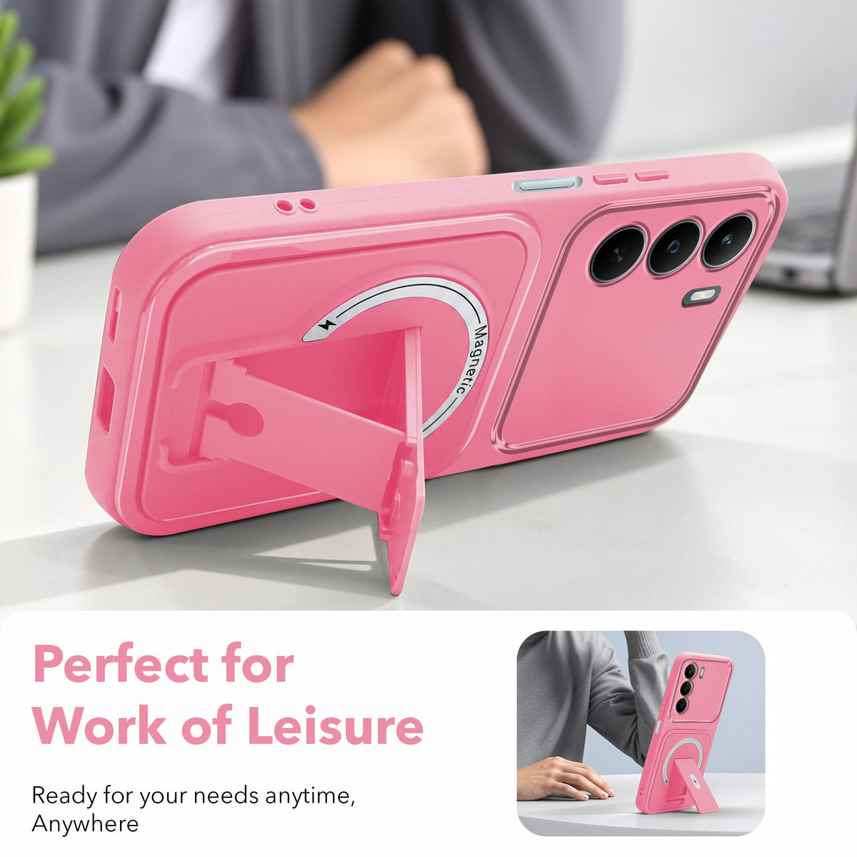 For Realme P3 Lite Back Case Cover Metallic (Hybrid Armor Kickstand | MagSafe Compatible | Camera Protection Shockproof)