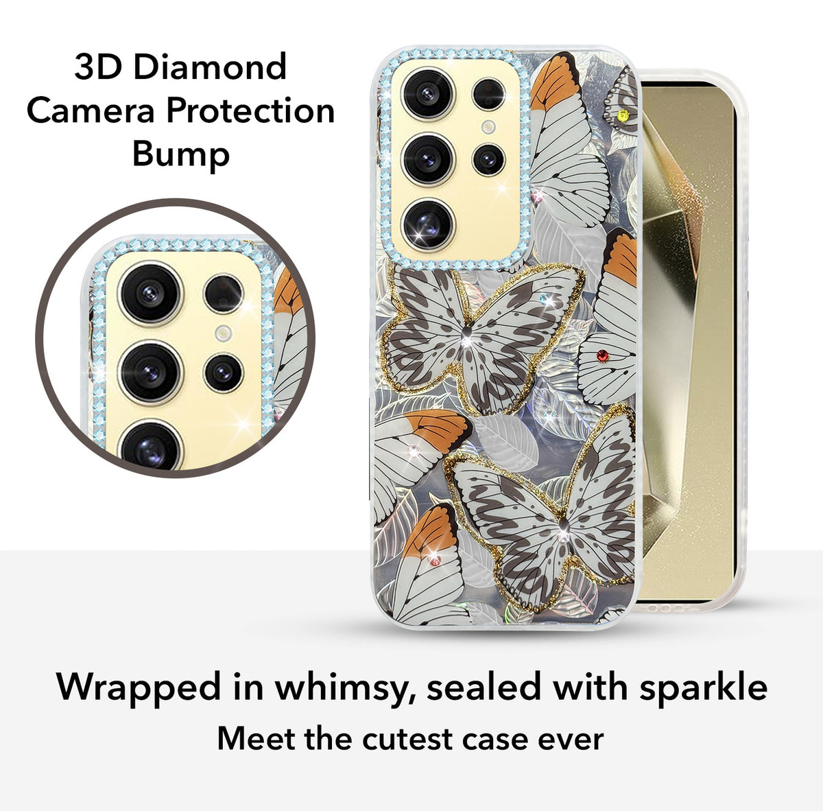 For Samsung Galaxy S24 Ultra Back Cover Case (Luxury Floral Glitter Cute Butterfly | Diamond Studded Camera Bump | Girls & Women Design)