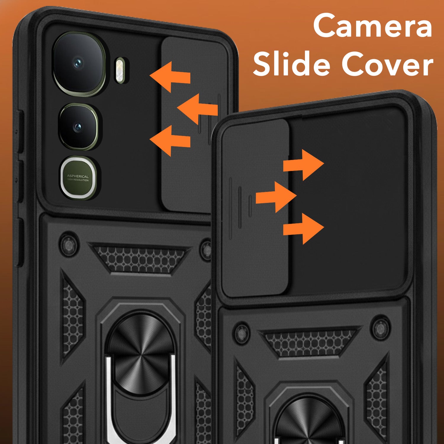 For Vivo Y400 Back Cover Case Hybrid Armor (Sliding Shutter Camera Protection | Polycarbonate |Ring Holder Kickstand)