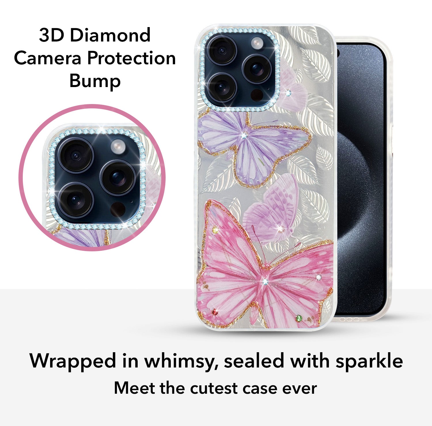 For Apple iPhone 15 Pro Max Back Cover Case (Luxury Floral Glitter Cute Butterfly | Diamond Studded Camera Bump | Girls & Women Design)