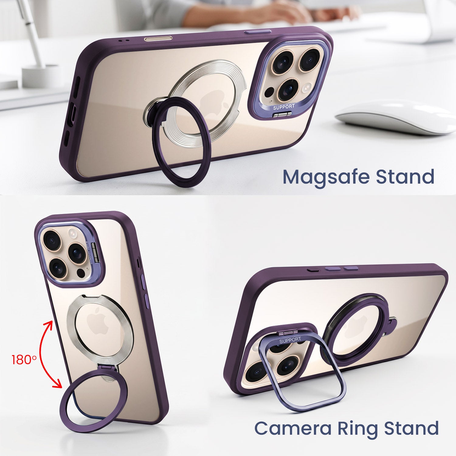 For Apple iPhone 16 Pro Back Cover Case Crystal (Lifetime Anti Yellow | Magnetic Ring Stand | Camera Lens Protection | MagSafe Compatible)