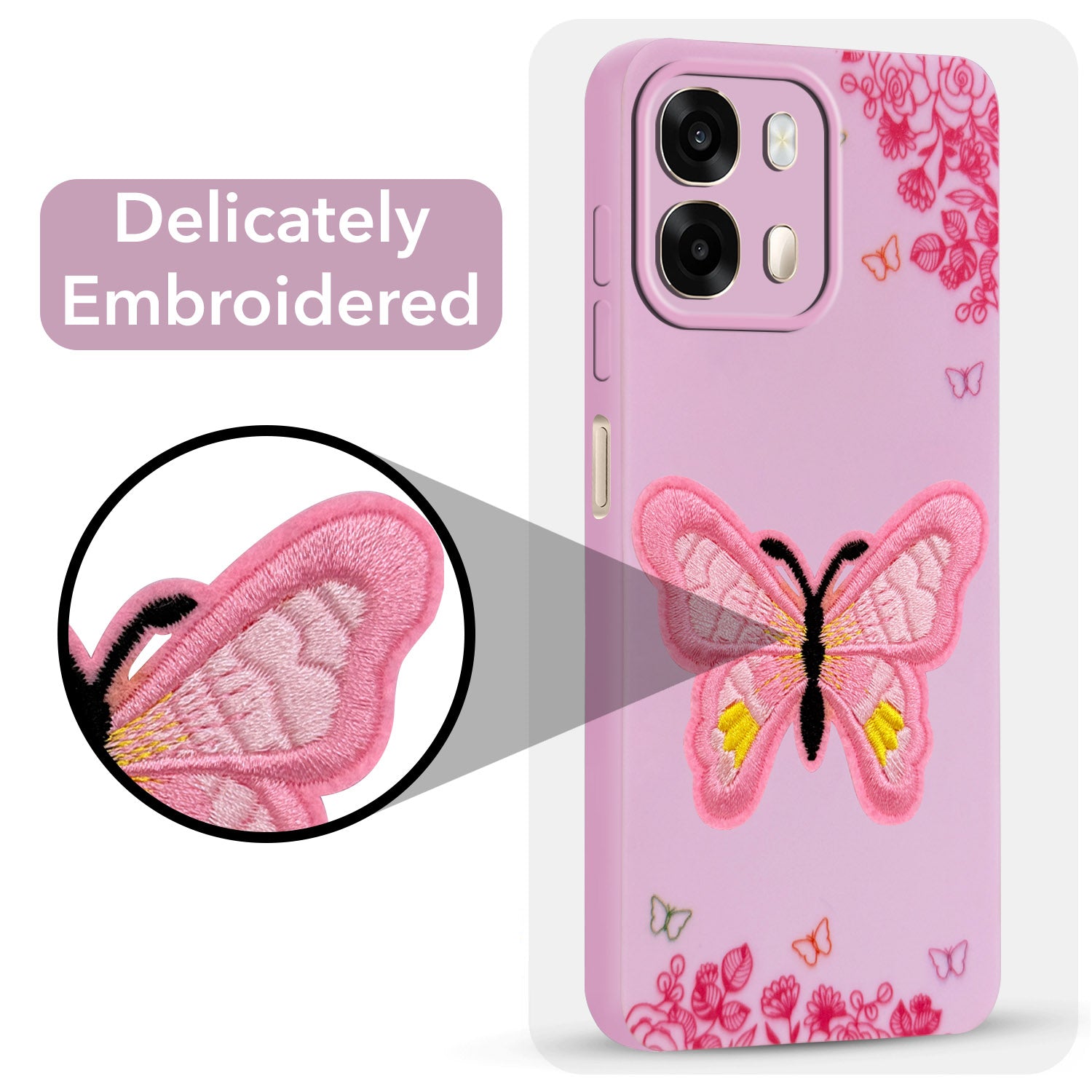 For Oppo A6 Pro Back Cover Case (Soft Butterfly Embroidery | Women Teen Girls | Camera Protection| Matte Silicone)