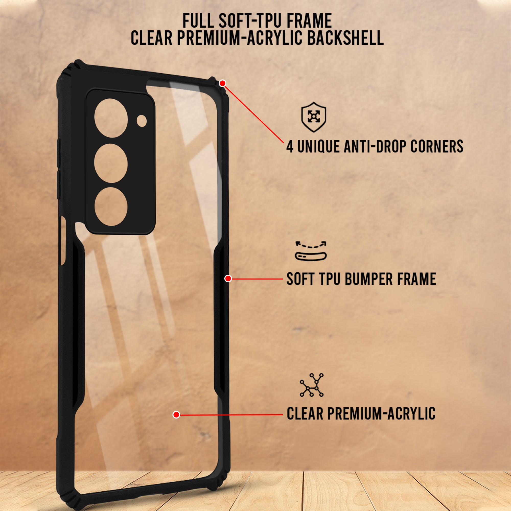 For Redmi 15 Back Cover Case Hybrid (Shockproof with Polycarbonate Clear Panel | Professional Black)