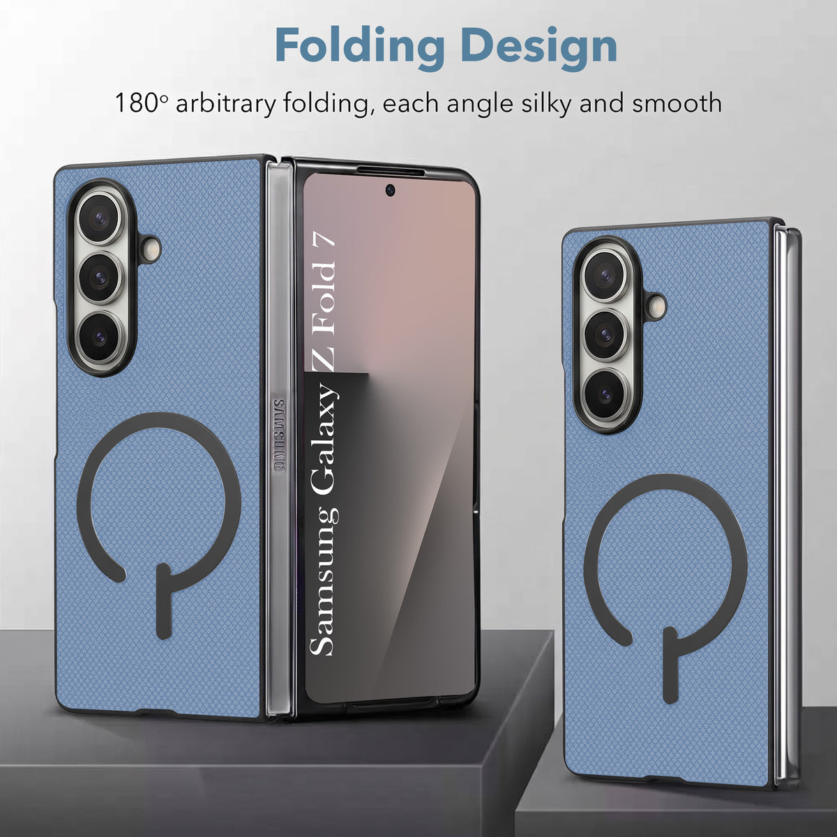 For Samsung Galaxy Z Fold 7 Premium Magnetic Back Cover Case (MagSafe Compatible | 180° Folding Design | Soft Microfiber Inner Lining | Textured Blue Finish)