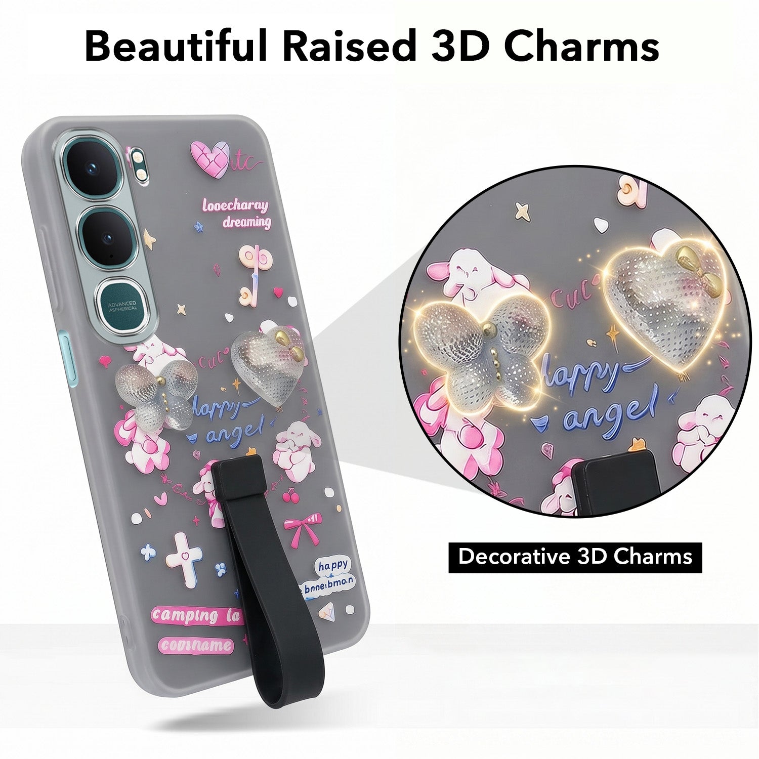 For Vivo Y31 5G Back Cover Case (3D Cute Heart Strap Holder | Camera Protection | Designer Girls Print)