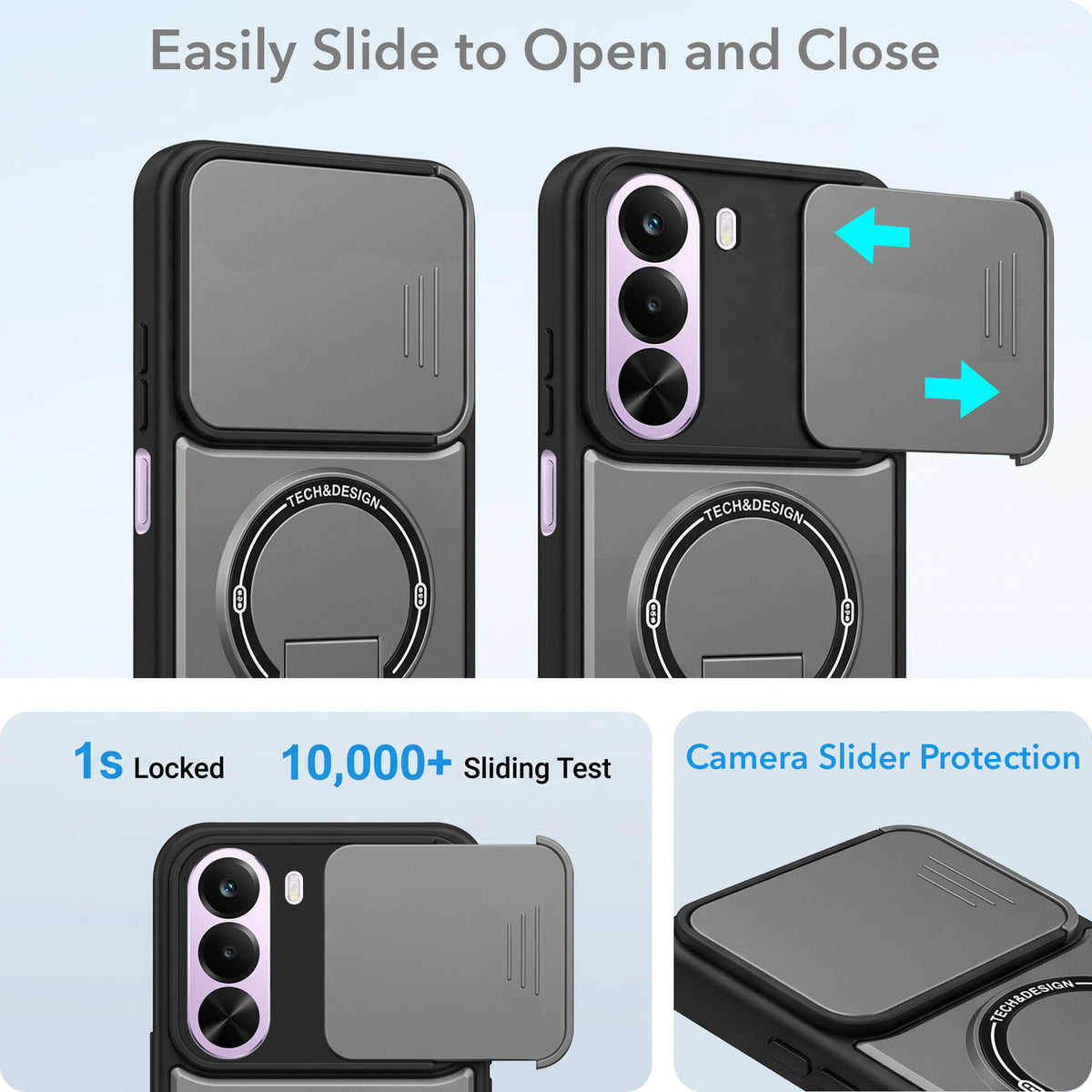 For Realme P4x Back Case Cover Metallic (Hybrid Armor Kickstand | Sliding Shutter Camera Protection | MagSafe Compatible)