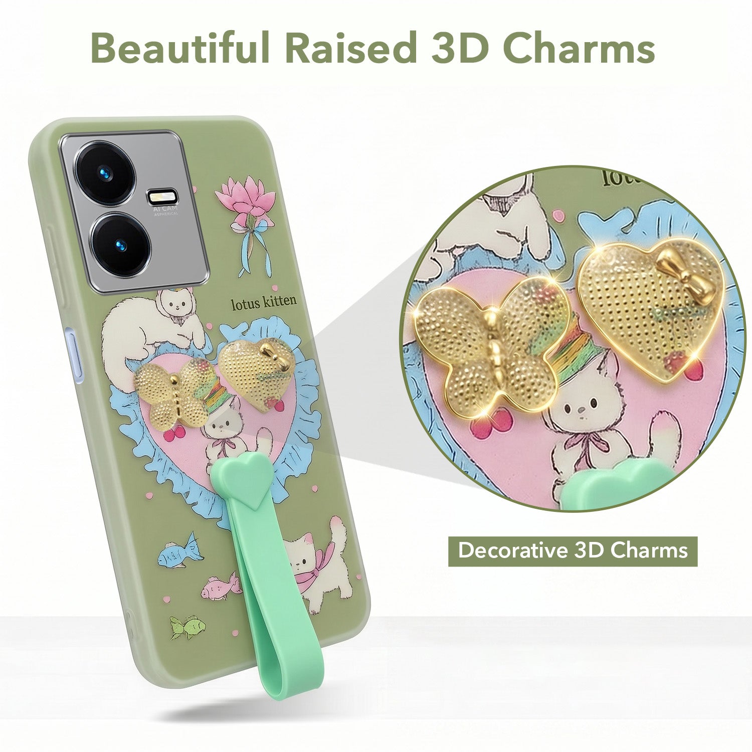 For Vivo Y22 | Vivo Y22s Back Cover Case (3D Cute Heart Strap Holder | Camera Protection | Designer Girls Print)