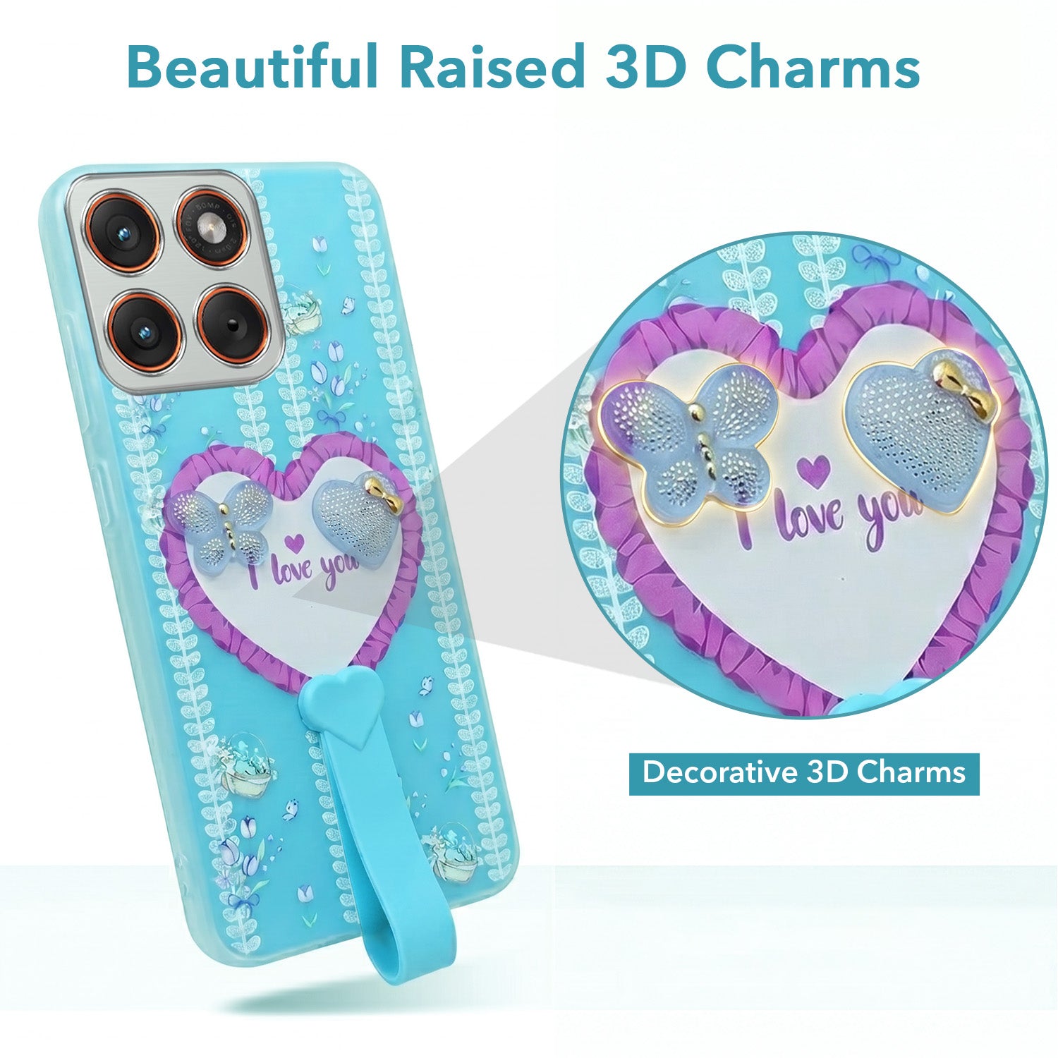 For Motorola Moto Edge 70 Back Cover Case (3D Cute Heart Strap Holder | Camera Protection | Designer Girls Print)