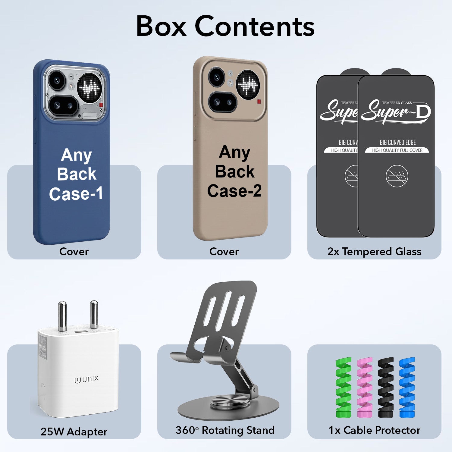 Complete Mobile Care Kit (Get Any 2 Cases+2 Tempered Glass+25W Charger Adapter+Metallic Mobile Stand+Cable Protector)