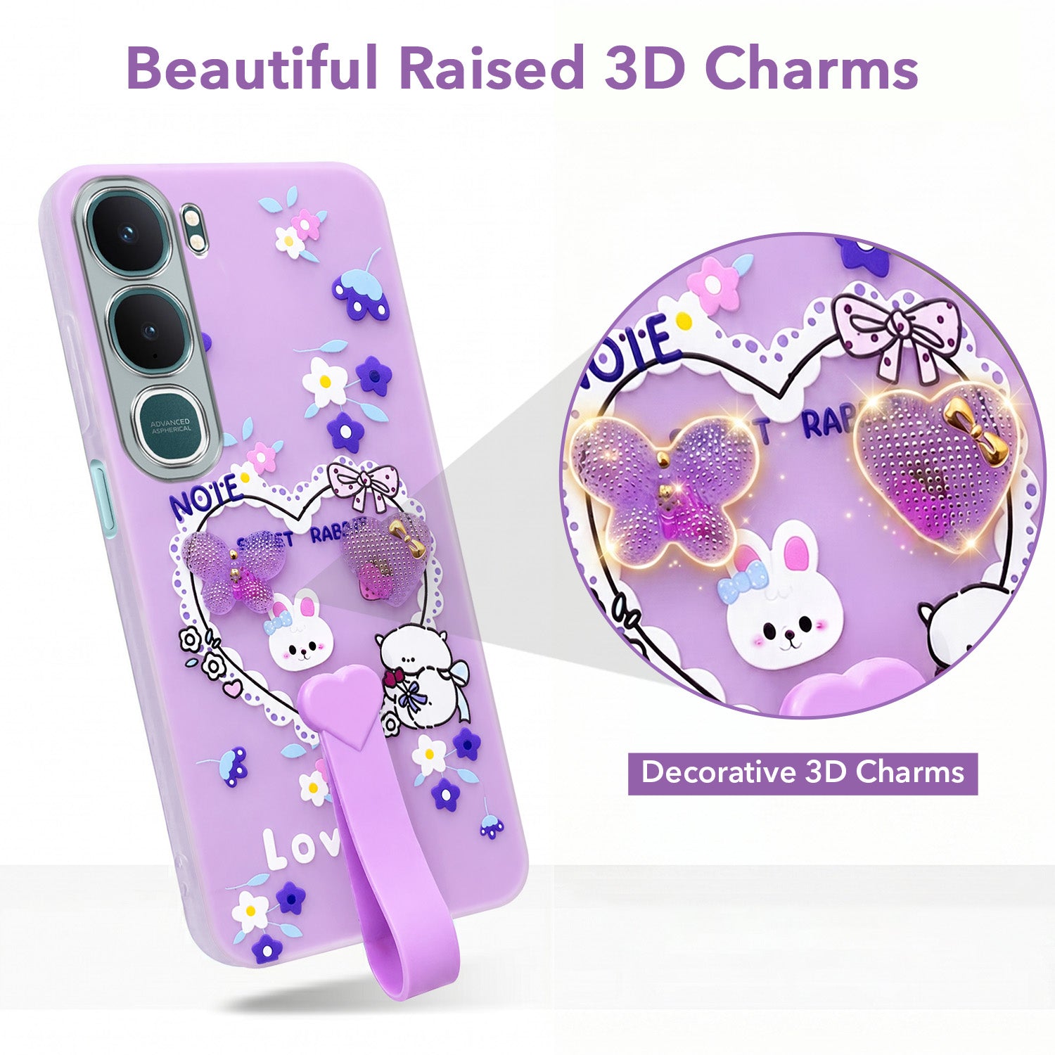 For Vivo Y31 5G Back Cover Case (3D Cute Heart Strap Holder | Camera Protection | Designer Girls Print)