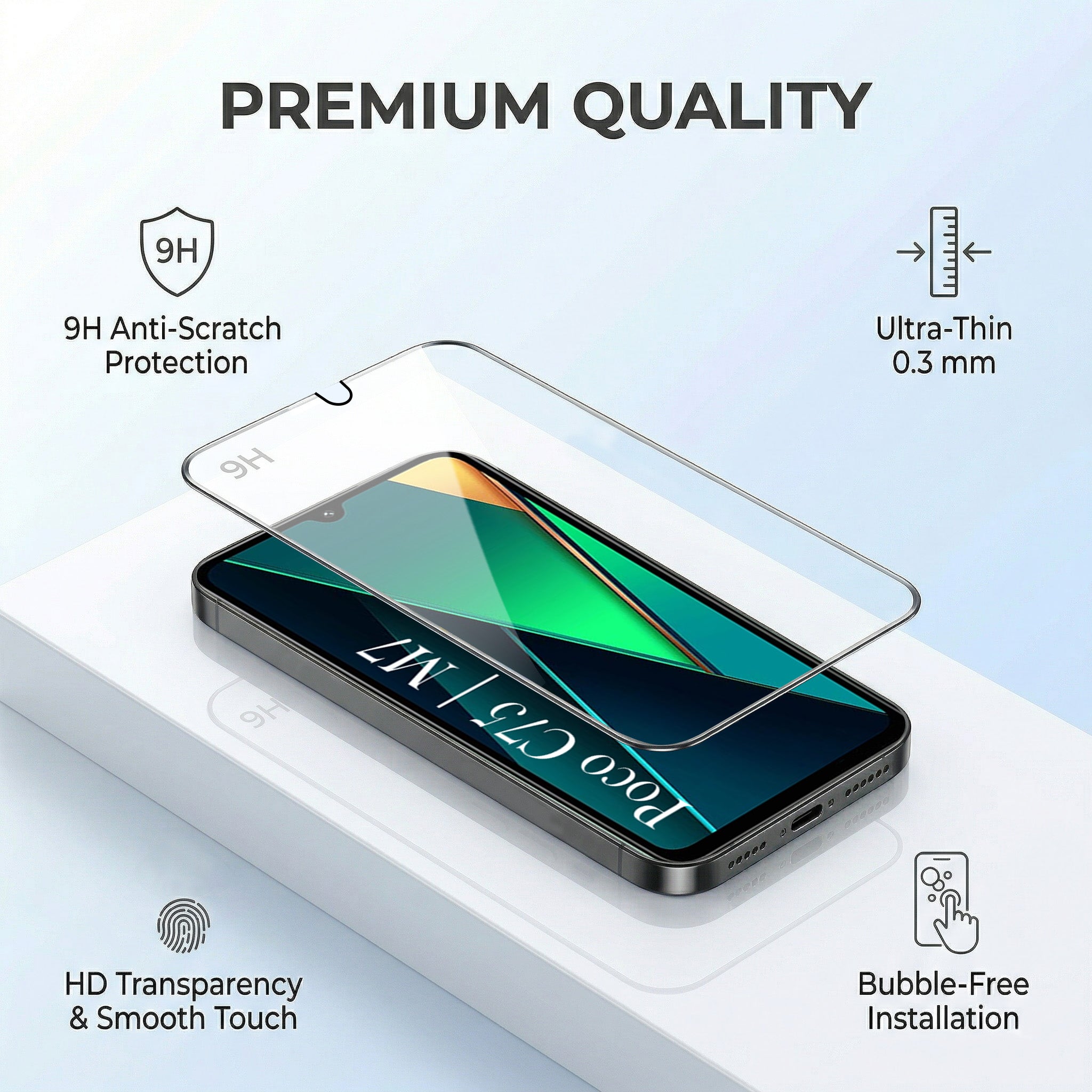 For Poco C75 | Poco M7 Combo with Back Cover and 9H Tempered Glass (Lifetime Anti-Yellow | Sleek Hard Crystal | Oleophobic Coating Screen Glass)