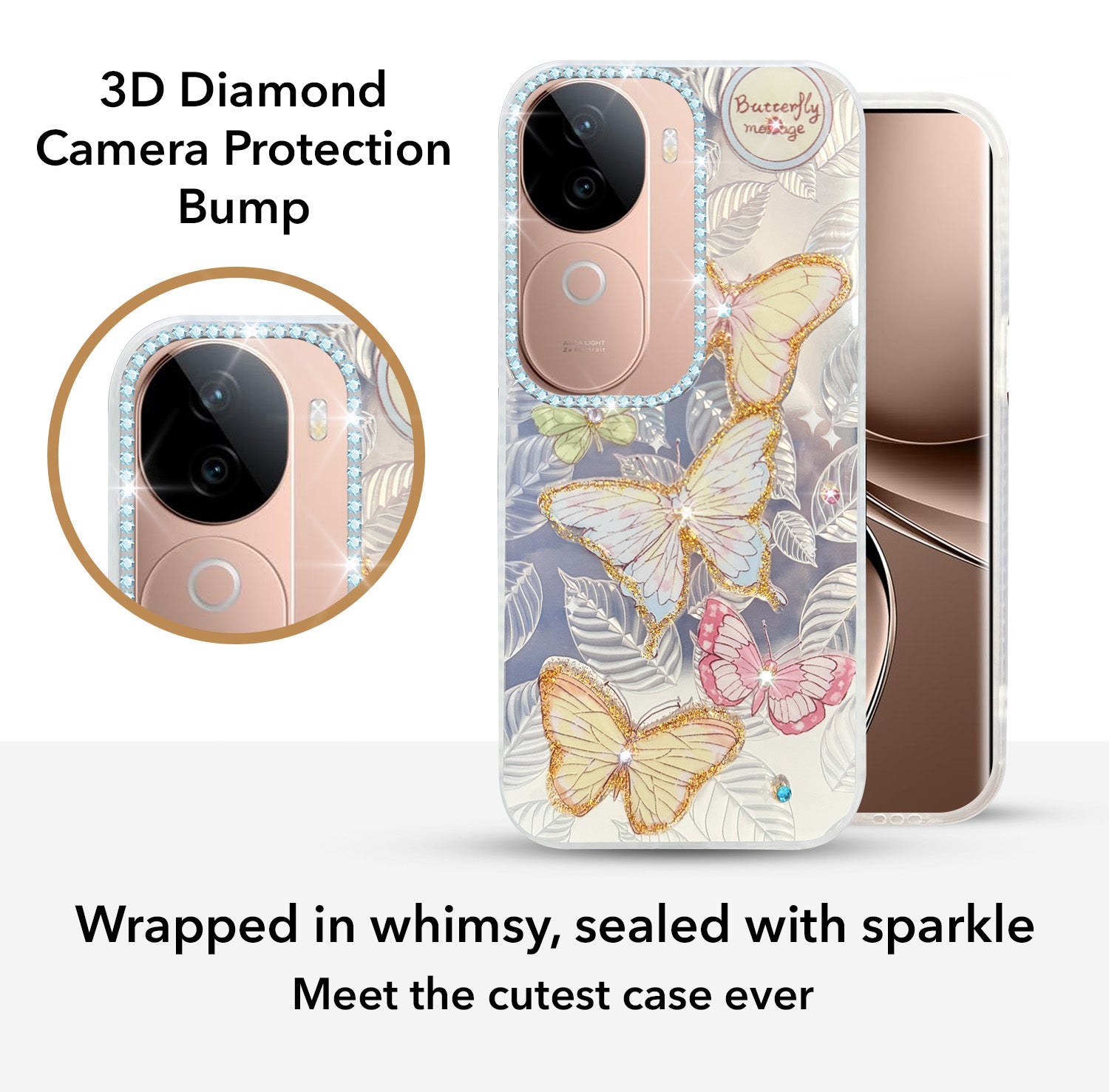 For Vivo V40e Back Cover Case (Luxury Floral Glitter Cute Butterfly | Diamond Studded Camera Bump | Girls & Women Design)