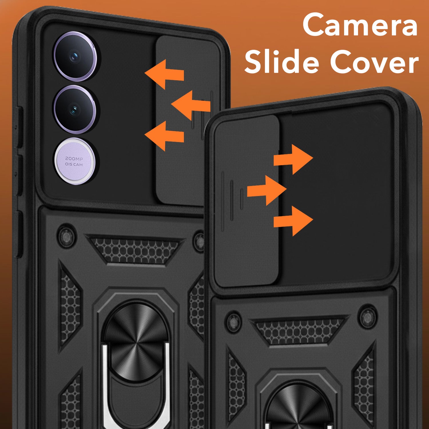 For Vivo V70 FE 5G Back Cover Case Hybrid Armor (Sliding Shutter Camera Protection | Polycarbonate |Ring Holder Kickstand)