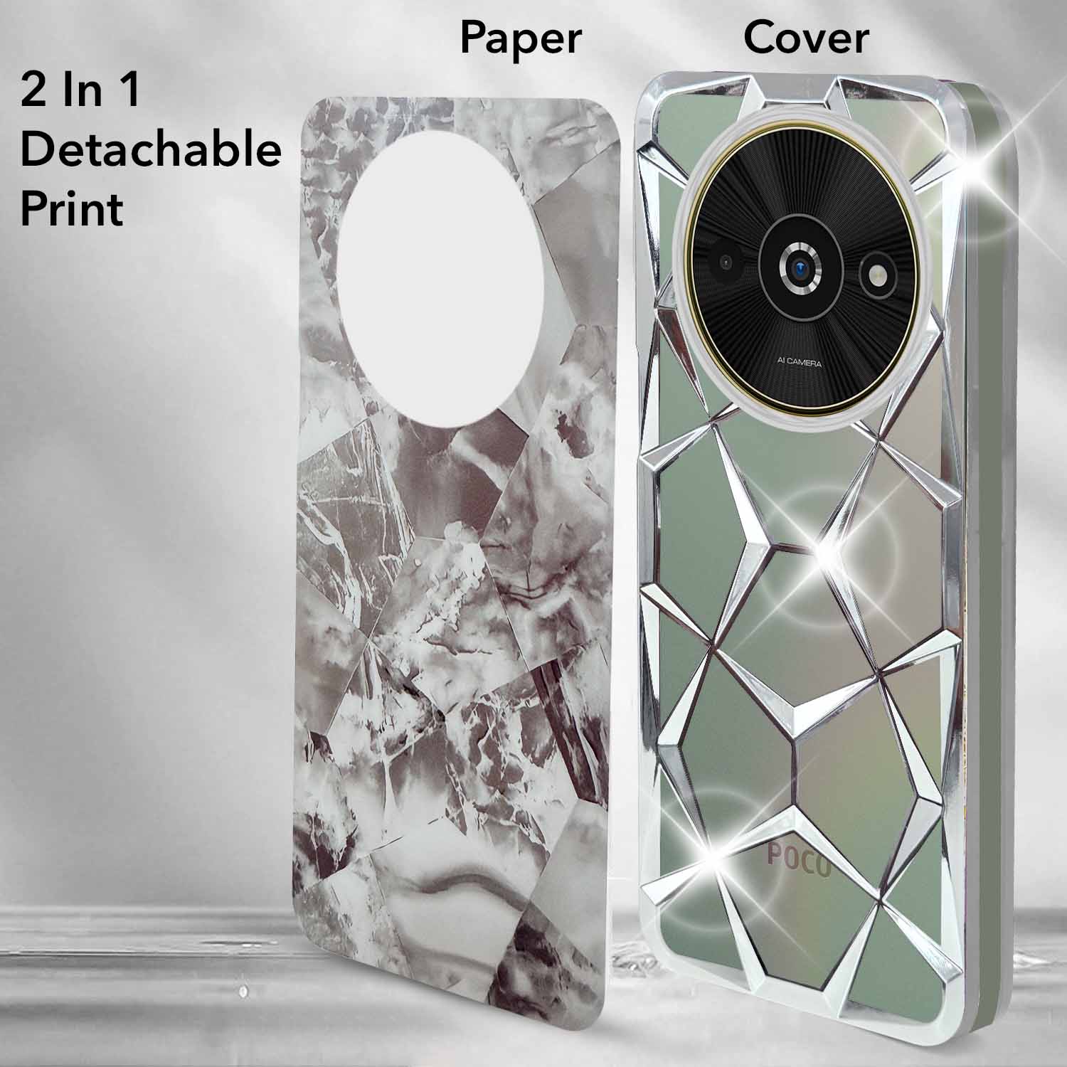 For Xiaomi Poco C61 Back Cover Case ( Dual Design Glitter Sparkle and Detachable Diamond Print Case | Soft and Flexible)
