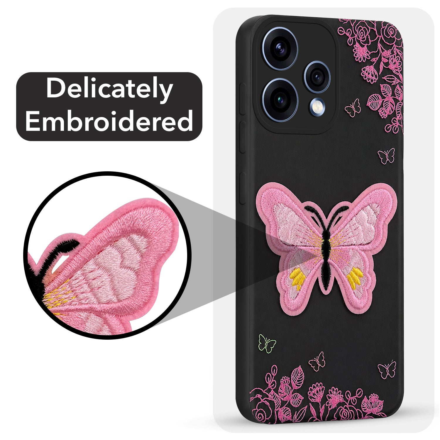 For Oppo Reno15 5G | Oppo Reno 15 5G Back Cover Case (Soft Butterfly Embroidery | Women Teen Girls | Camera Protection| Matte Silicone)