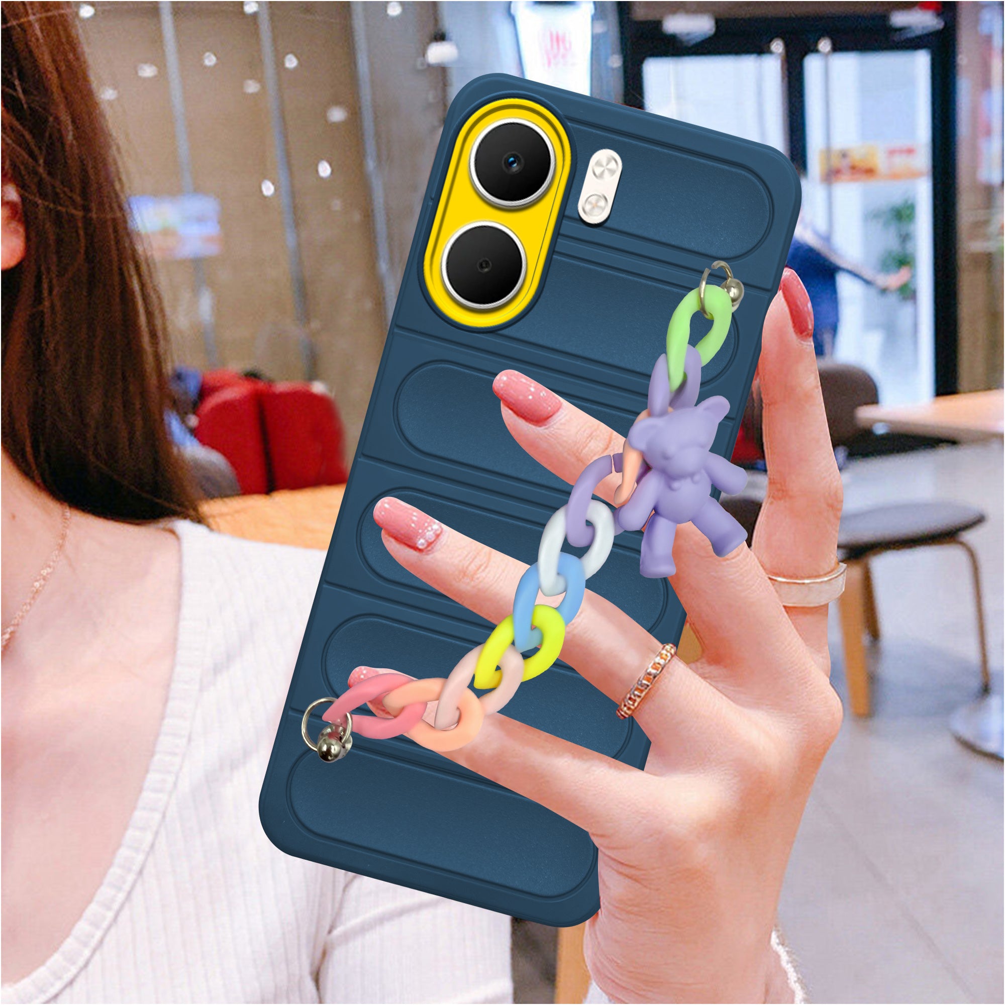 For Oppo A5X Back Cover Case (Wrist Hanging Chain | Teddy Bracelet Charms | Matte Liquid Silicone | Camera Protection Ring)