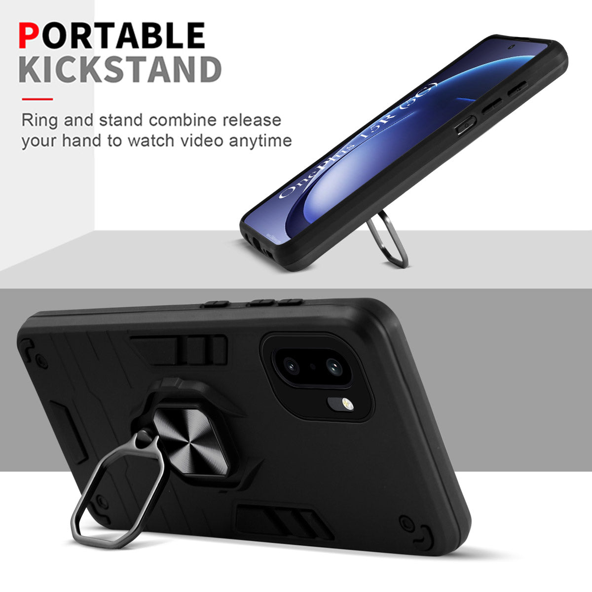 For OnePlus 15R Back Cover Case Hybrid Armor (Shockproof Dual Layer Polycarbonate |Ring Holder Kickstand)