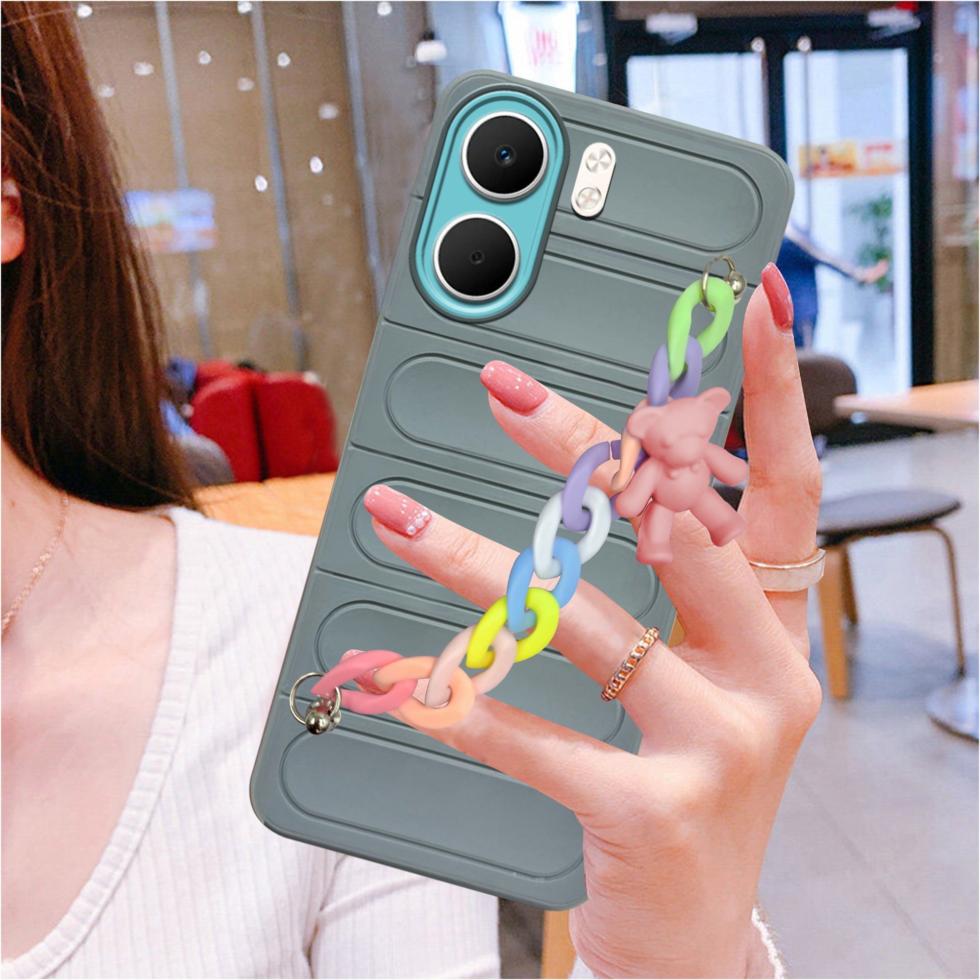For Oppo A5X Back Cover Case (Wrist Hanging Chain | Teddy Bracelet Charms | Matte Liquid Silicone | Camera Protection Ring)