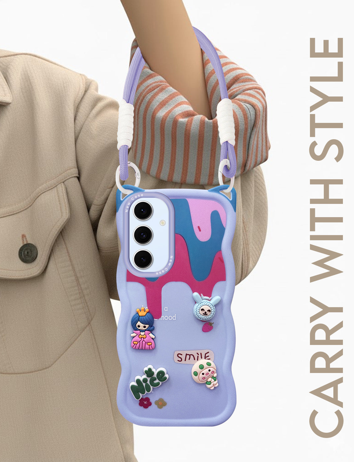 For Samsung Galaxy S24 FE Back Case Cover Strap (3D embossed Figures | Strap Holder | 360* Soft Cushion with Camera Bump)