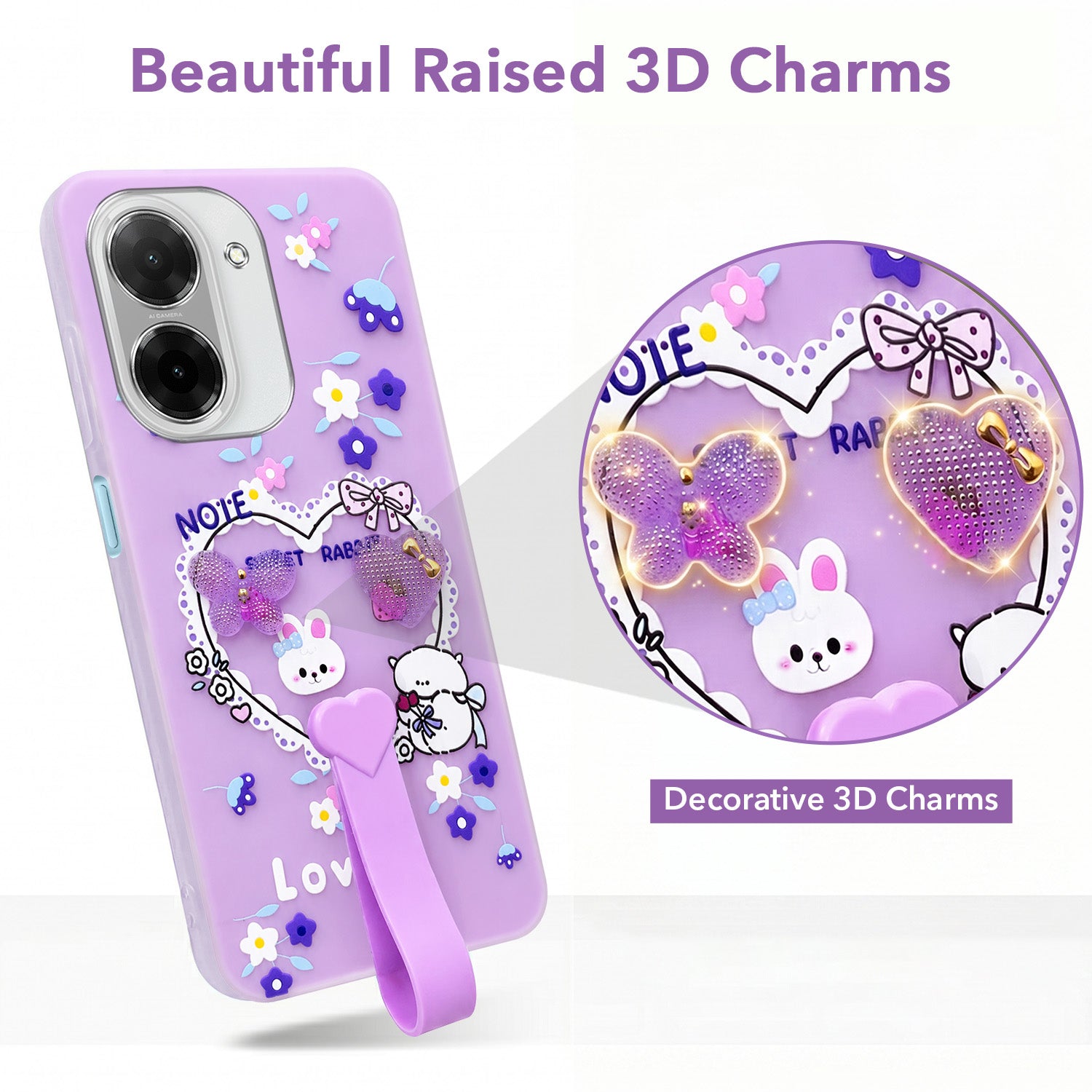 For Poco C71 Back Cover Case (3D Cute Heart Strap Holder | Camera Protection | Designer Girls Print)