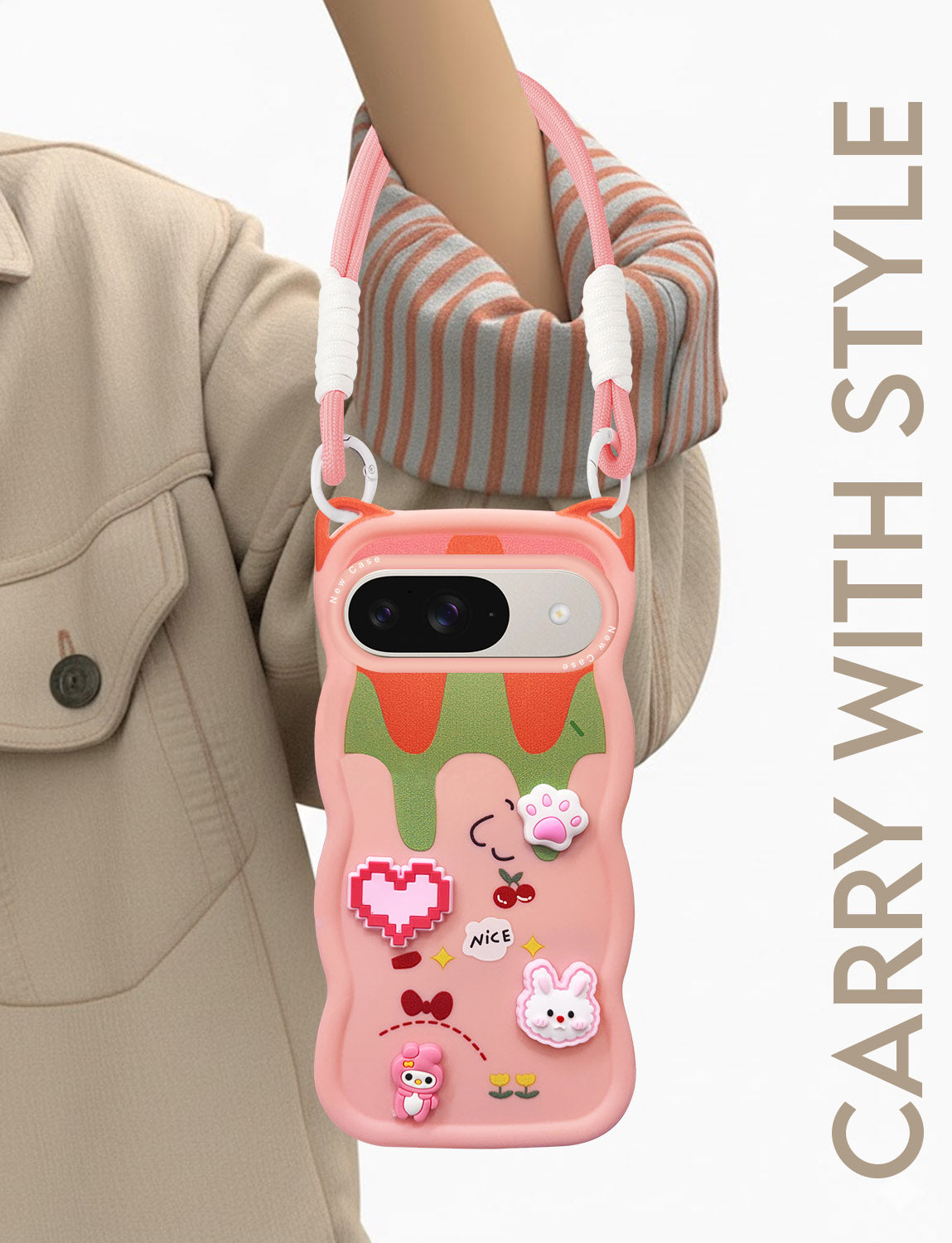 For Google Pixel 9 Back Case Cover Strap (3D Embossed Figures | Strap Holder | 360* Soft Cushion with Camera Bump)