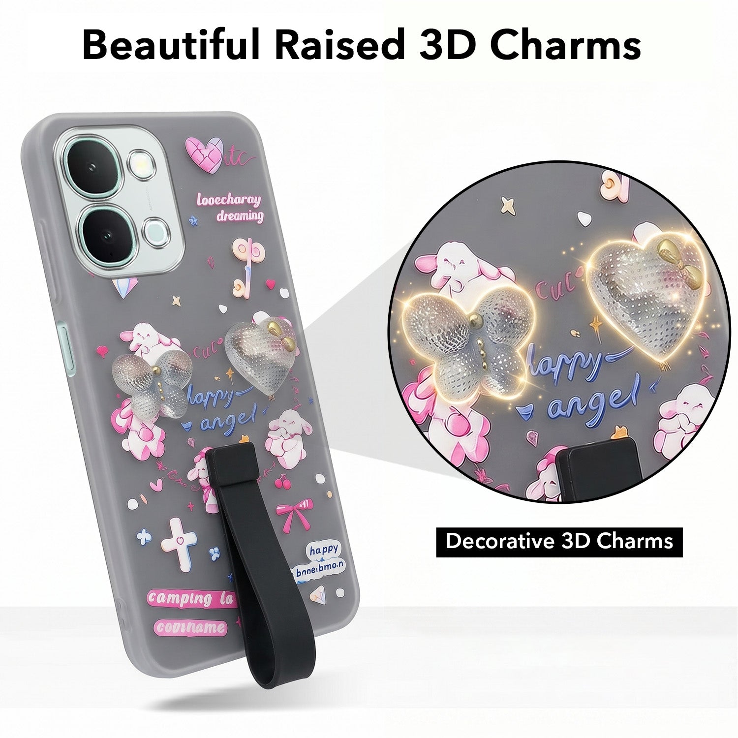 For iQOO Z11x 5G Back Cover Case (3D Cute Heart Strap Holder | Camera Protection | Designer Girls Print)