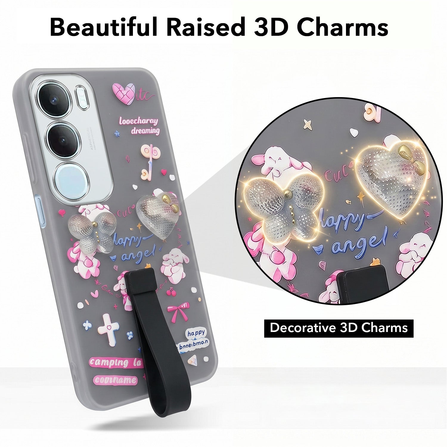 For Vivo Y29 Back Cover Case (3D Cute Heart Strap Holder | Camera Protection | Designer Girls Print)