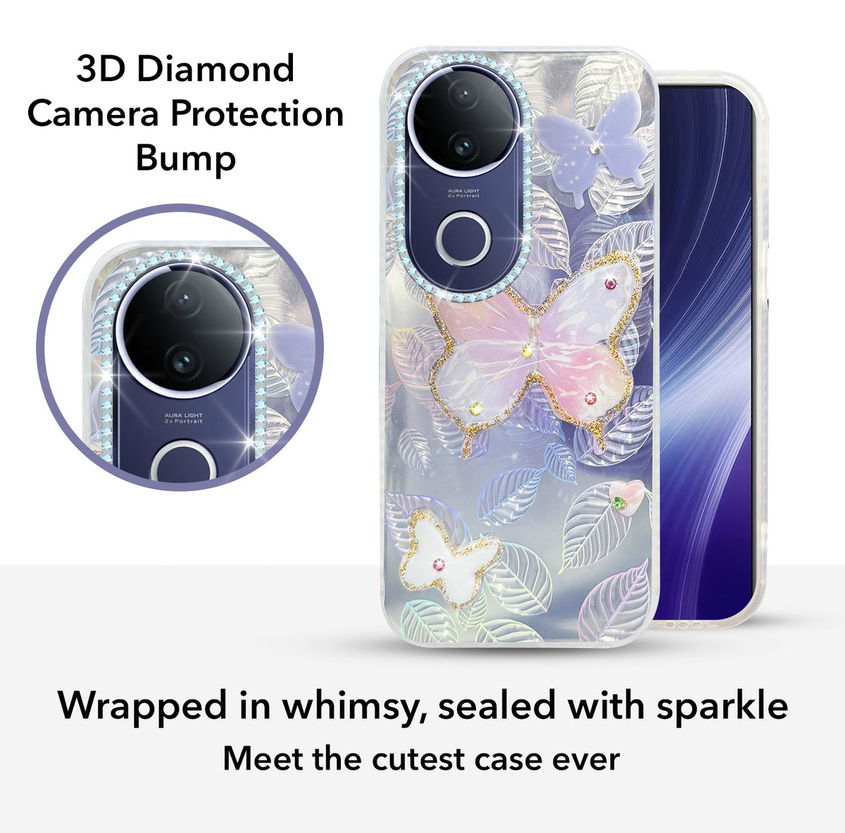 For Vivo T4R Back Cover Case (Luxury Floral Glitter Cute Butterfly | Diamond Studded Camera Bump | Girls & Women Design)