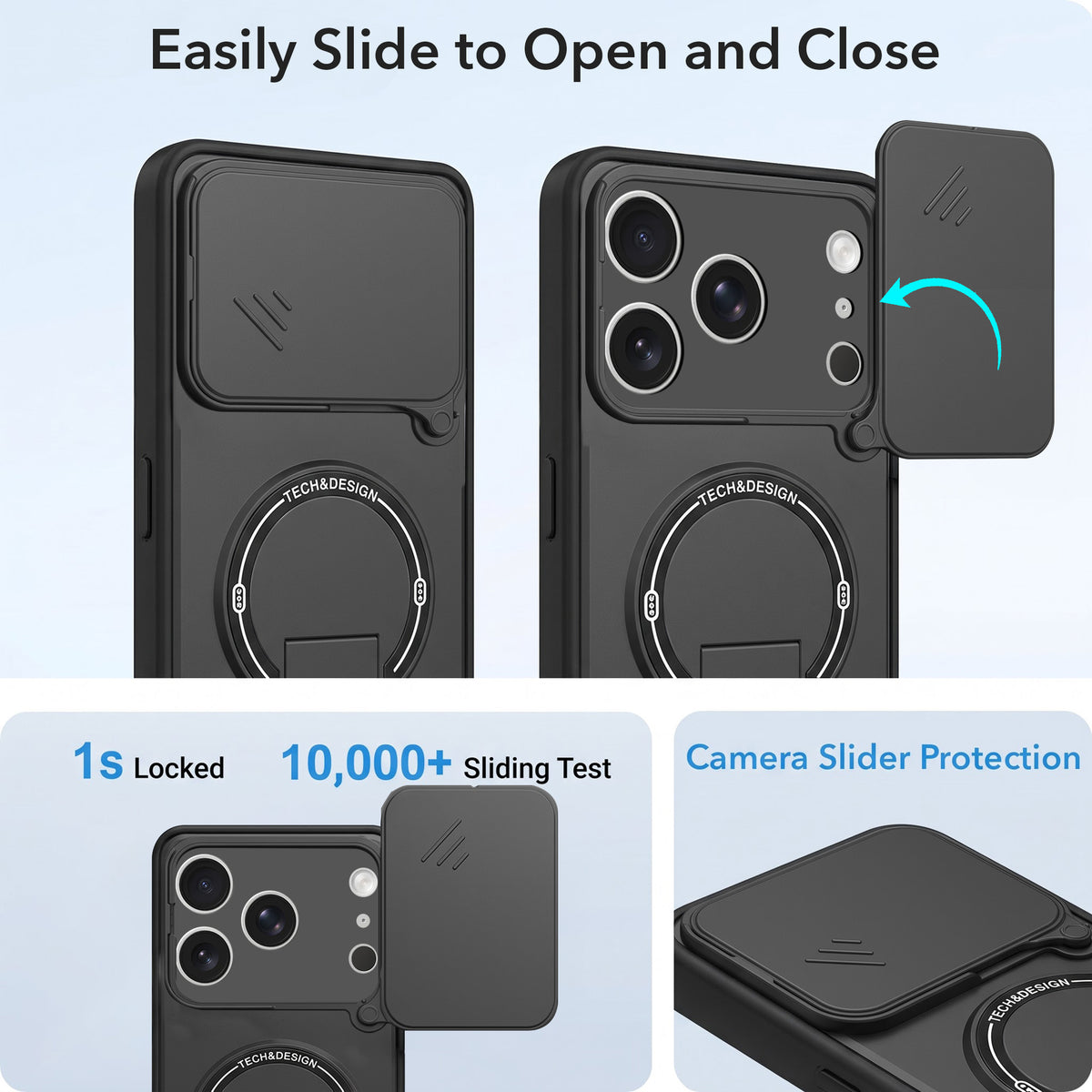 For Apple iPhone 17 Pro Back Case Cover Metallic (Hybrid Armor Kickstand | Sliding Shutter Camera Protection | MagSafe Compatible)