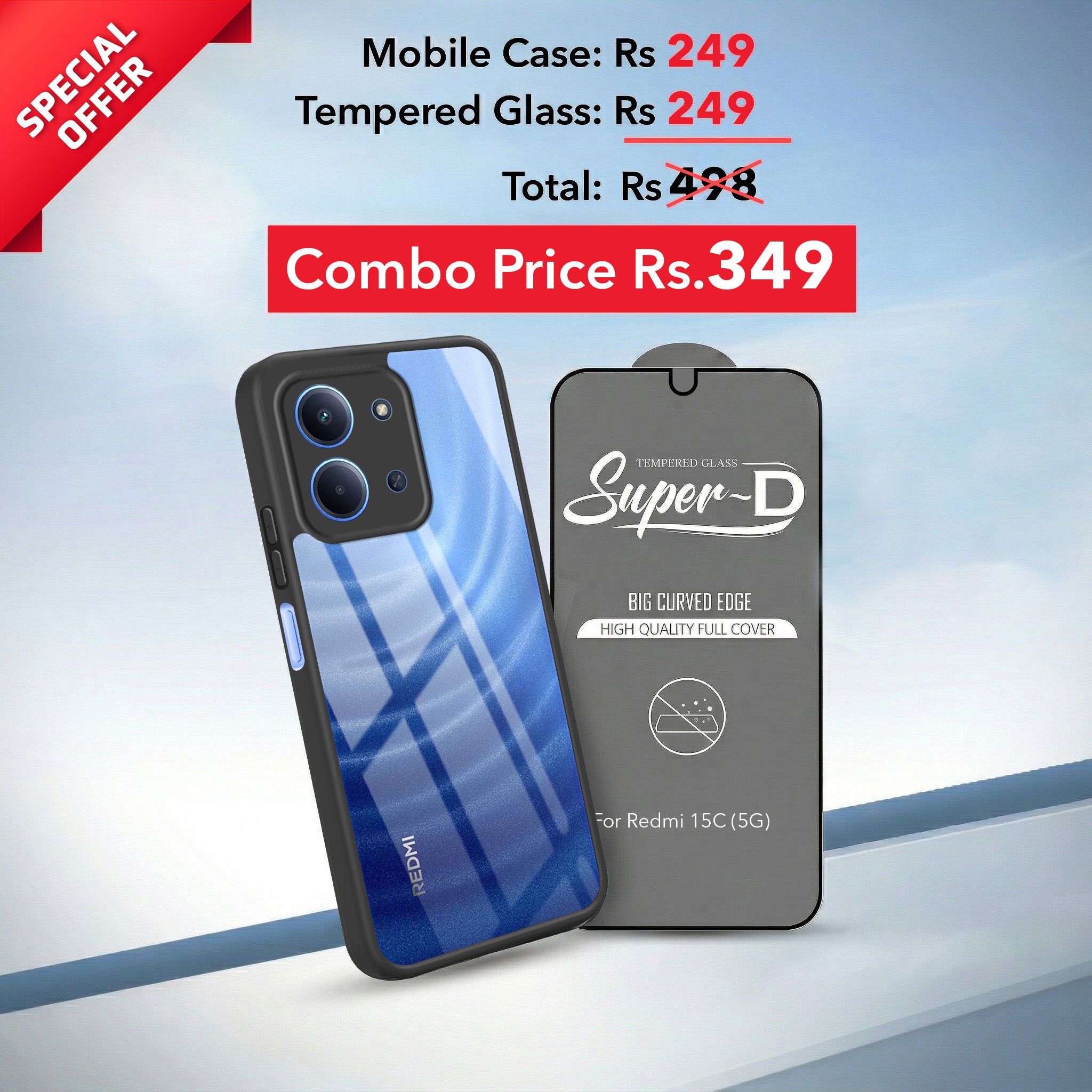 For Redmi 15C Combo with Back Cover and 9H Tempered Glass (Lifetime Anti-Yellow | Crystal Clear Shockproof | Oleophobic Coating Screen Glass)