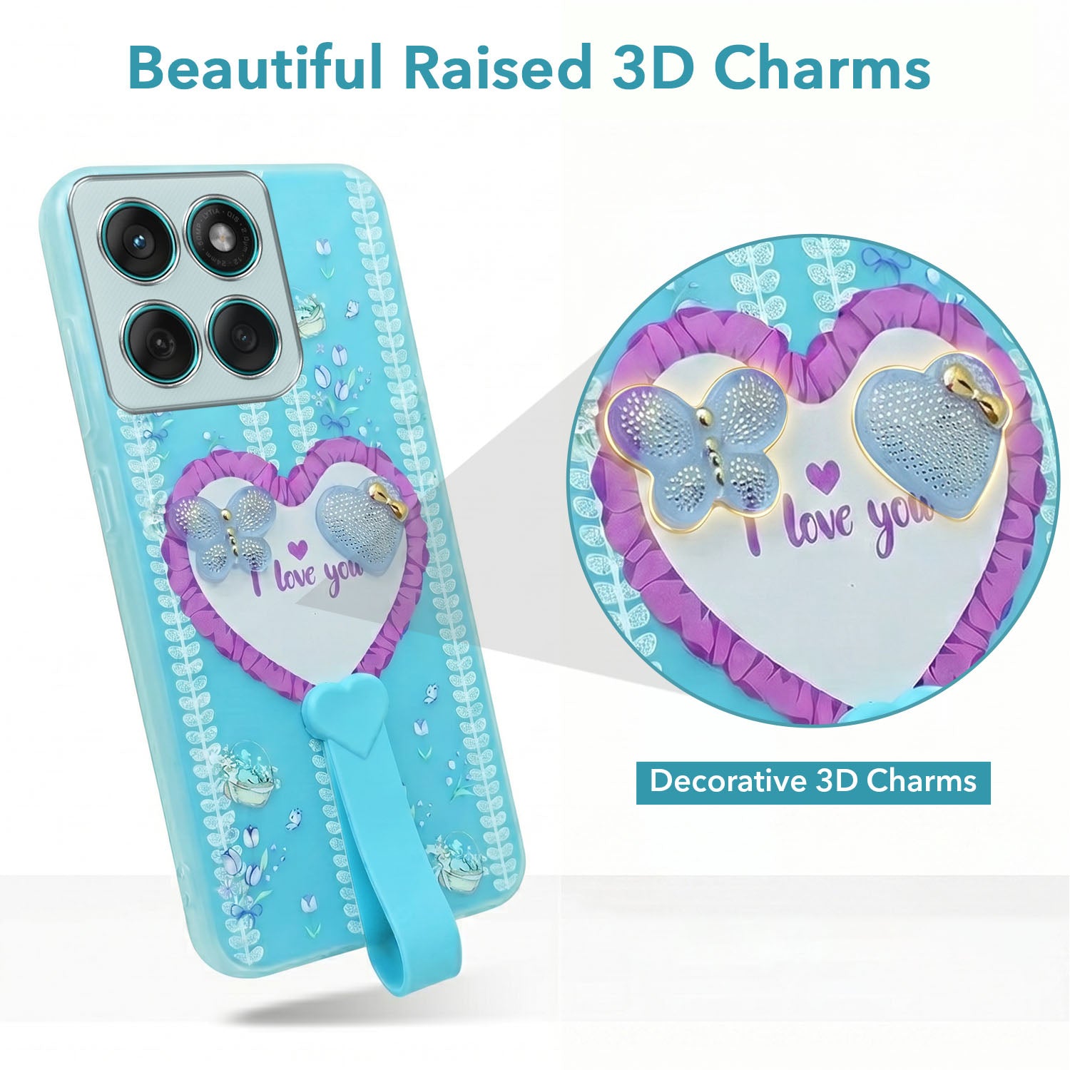 For Motorola Moto Edge 60 Fusion Back Cover Case (3D Cute Heart Strap Holder | Camera Protection | Designer Girls Print)