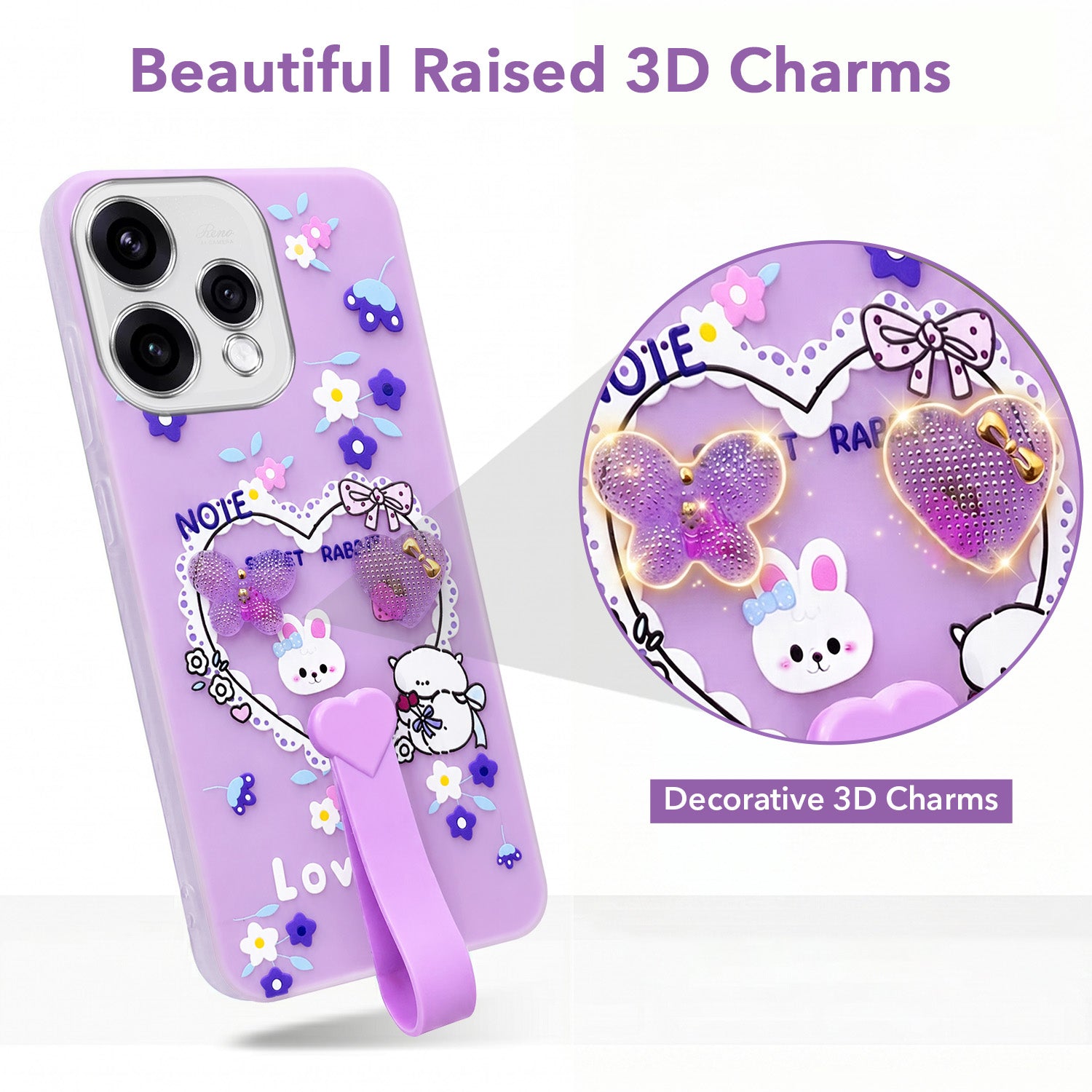 For Oppo Reno15 5G Back Cover Case (3D Cute Heart Strap Holder | Camera Protection | Designer Girls Print)