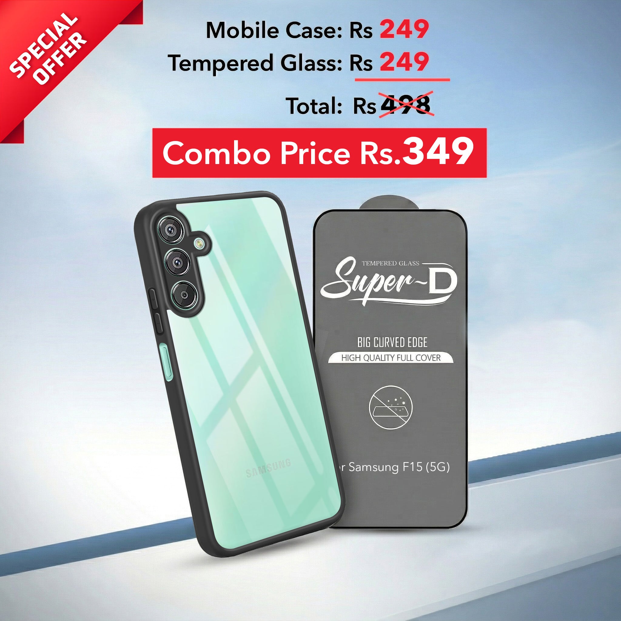 For Samsung Galaxy F15 5G Combo with Back Cover and 9H Tempered Glass (Lifetime Anti-Yellow | Crystal Clear Shockproof | Oleophobic Coating Screen Glass)