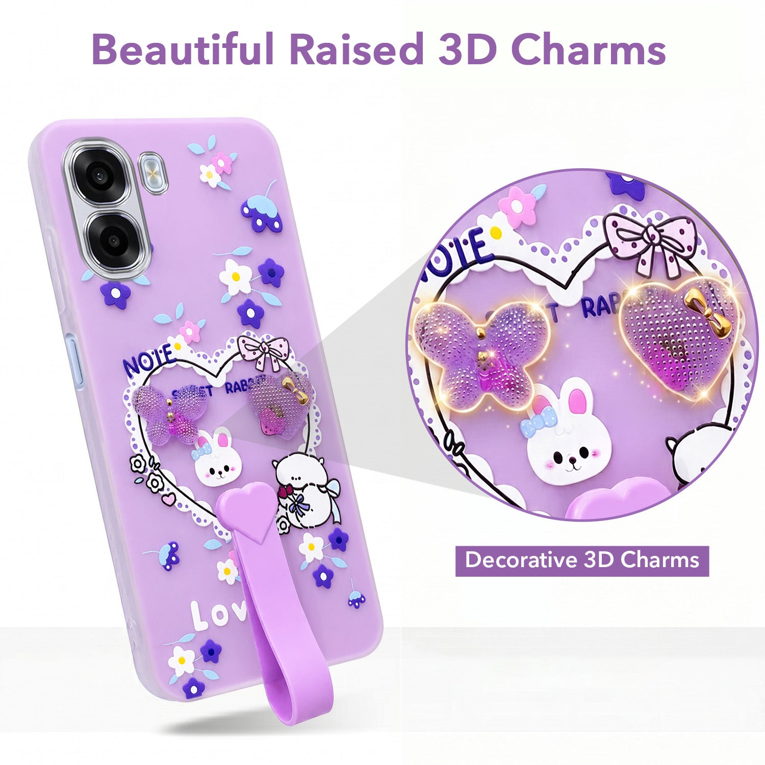 For Oppo K14x 5G Back Cover Case (3D Cute Heart Strap Holder | Camera Protection | Designer Girls Print)