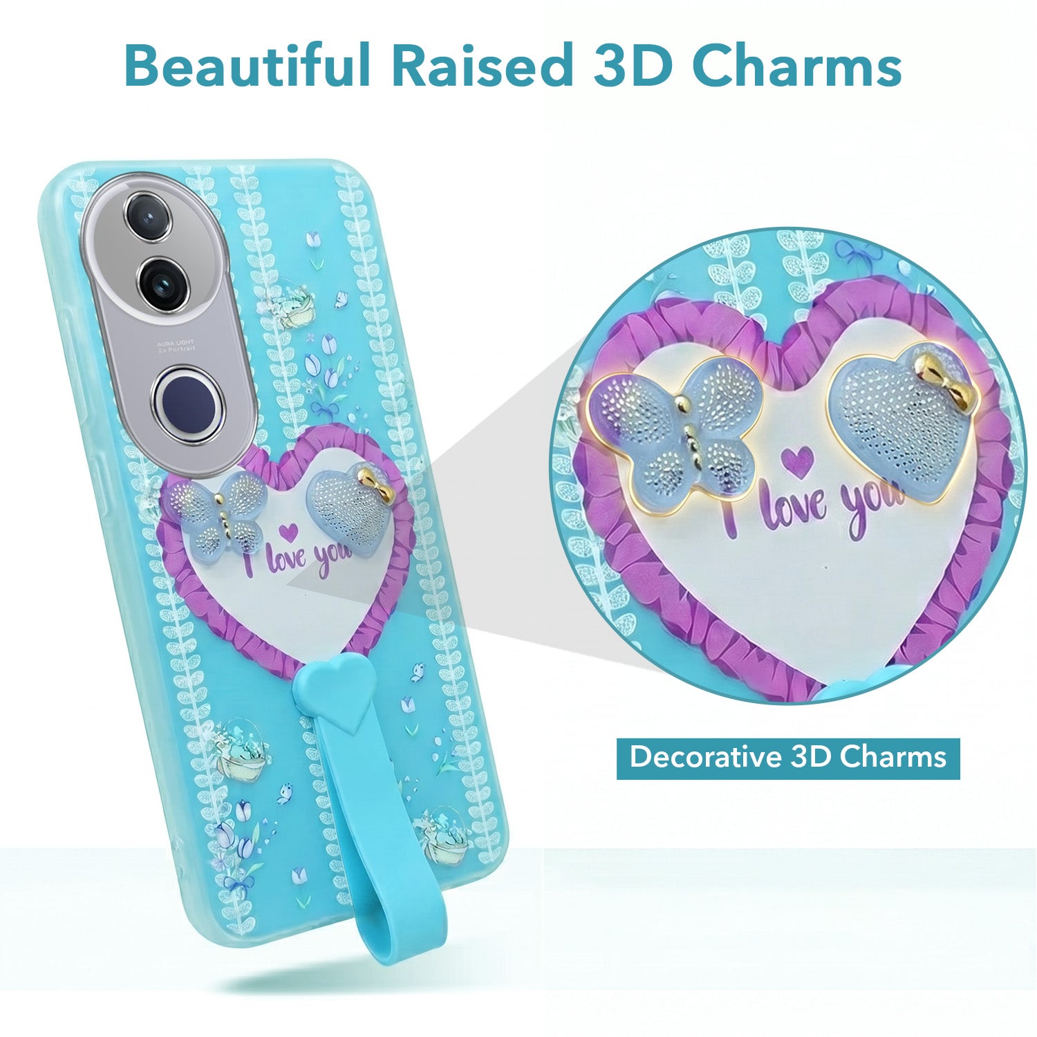 For Vivo T4R  Back Cover Case (3D Cute Heart Strap Holder | Camera Protection | Designer Girls Print)