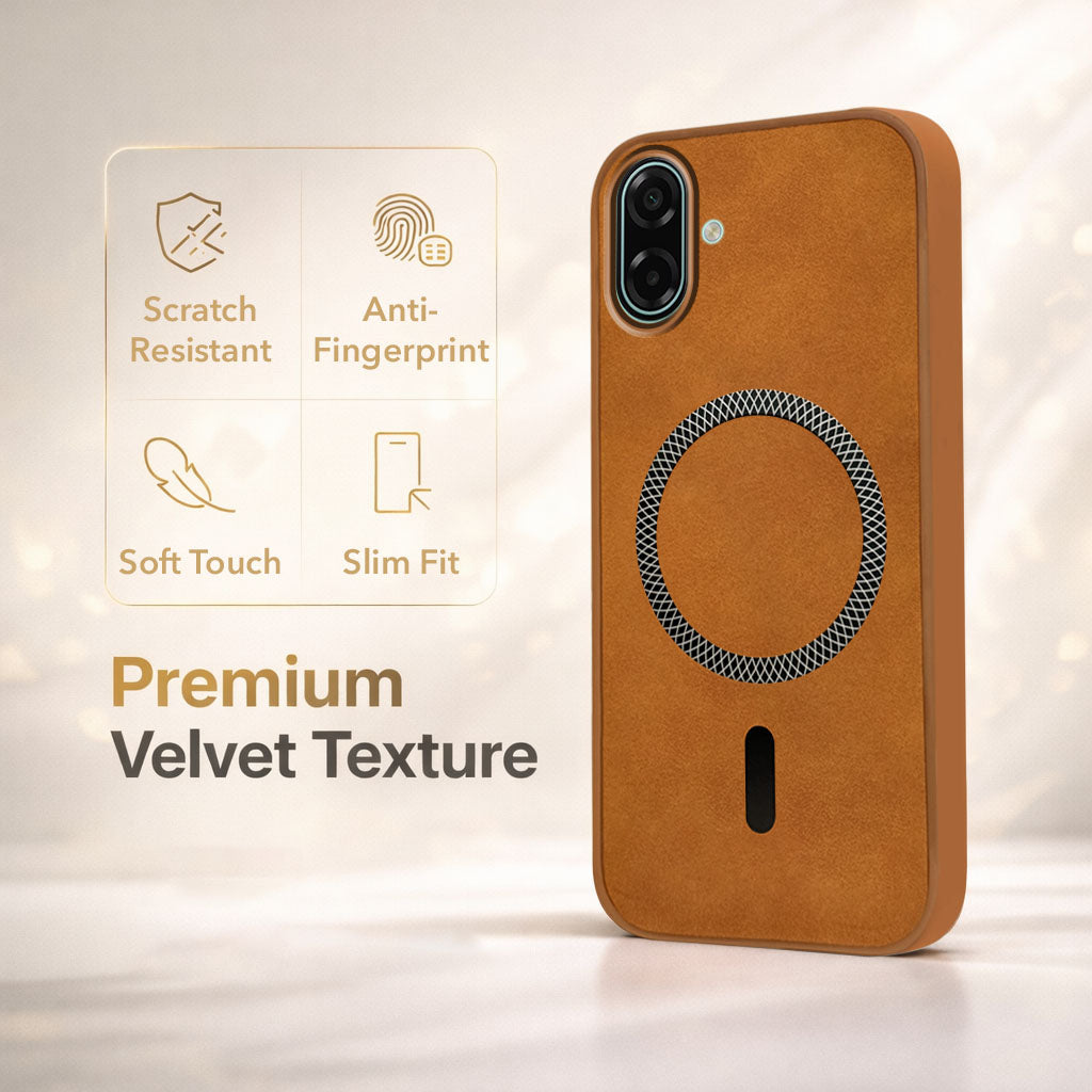 For Samsung Galaxy M17e Back Cover Case Leather Finish (MagSafe Compatible Wireless Charging | Soft Touch | Camera Bump Protection)