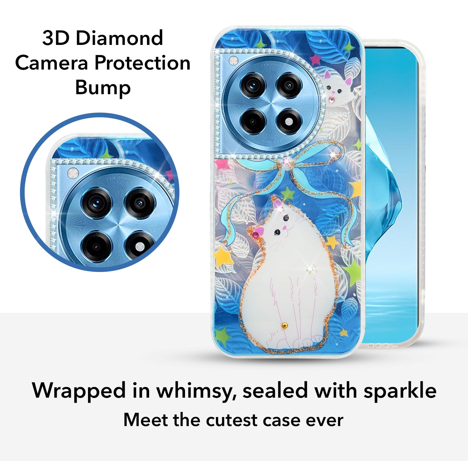 For OnePlus 12R 5G Back Cover Case (Luxury Floral Glitter Cute Butterfly | Diamond Studded Camera Bump | Girls & Women Design)