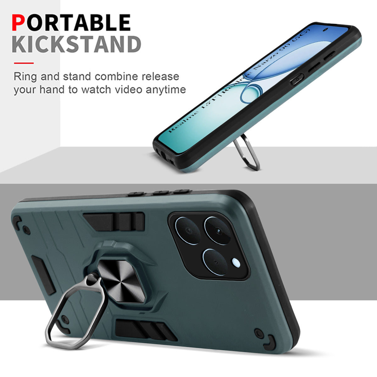 For Realme 15T | Realme Narzo 90 Back Cover Case Hybrid Armor (Shockproof Dual Layer Polycarbonate |Ring Holder Kickstand)